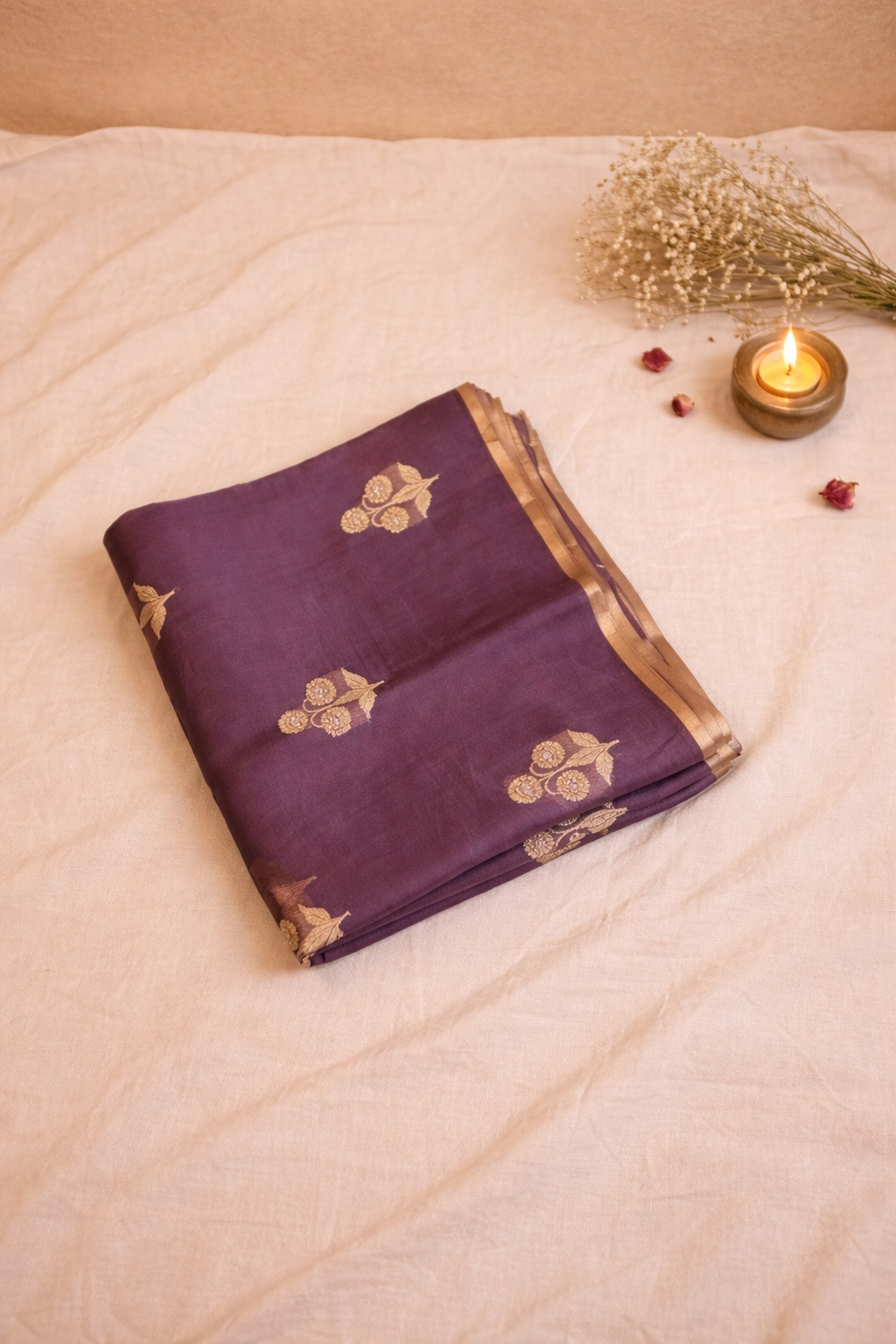 Mauve Purple Pure Kora Silk Handloom Saree with Small Booti Blouse