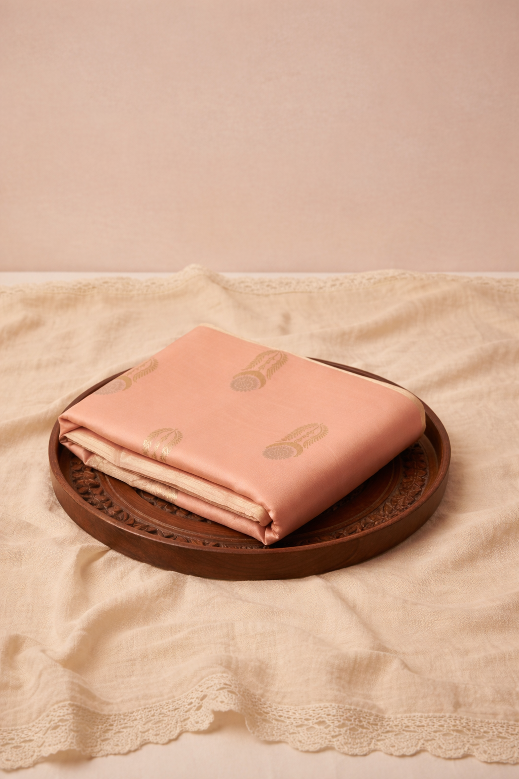 Peach Pure Kora Silk Handloom Saree with stripes Blouse