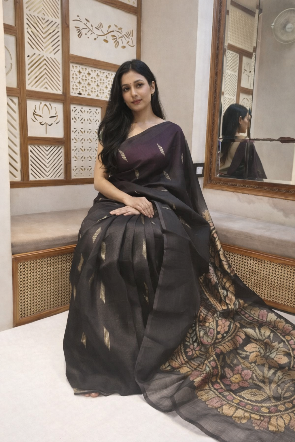Black Pure Kora Silk Handloom Saree with Paisley Pallu