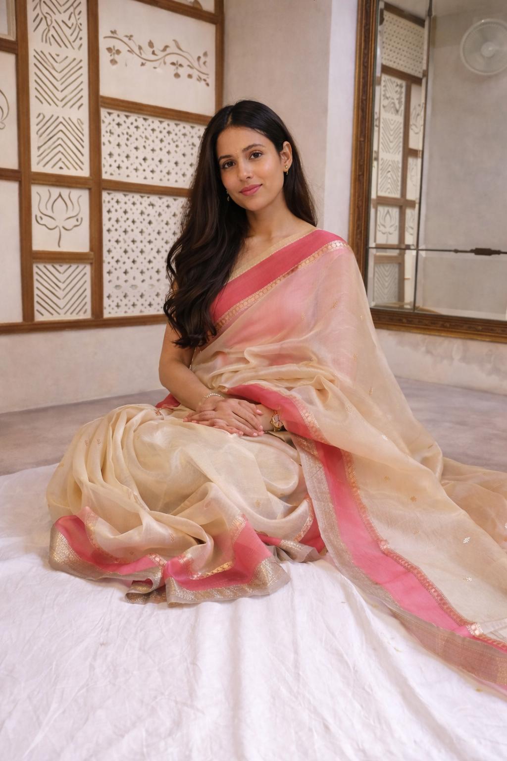 Contrast Border Handloom Pure Kora Silk Saree -  Cream