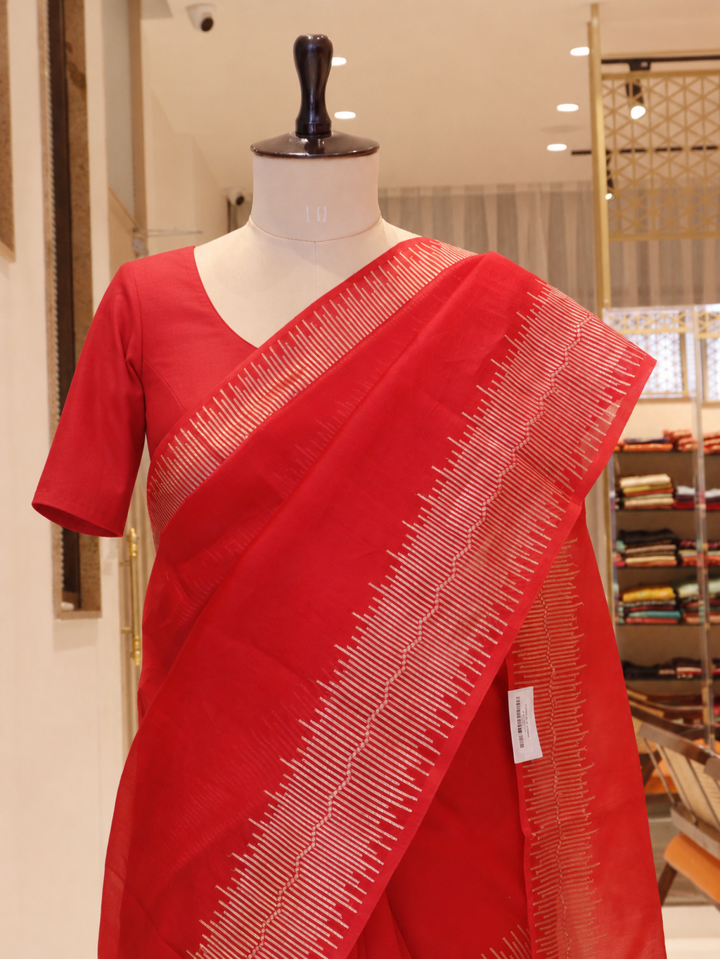 Red Banarasi Saree with Geometric Zari Border and Floral Pallu