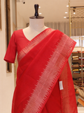 Red Banarasi Saree with Geometric Zari Border and Floral Pallu