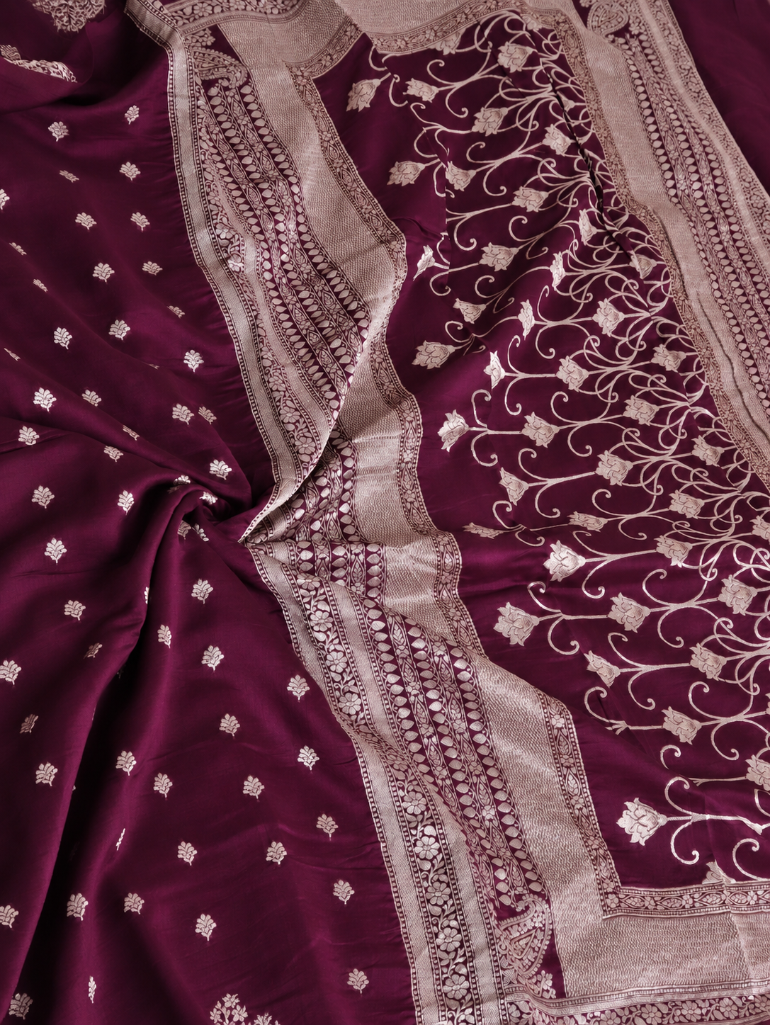Rani Pink Tussar Linen Saree with Silver Zari Bootis & Floral Vine Pallu