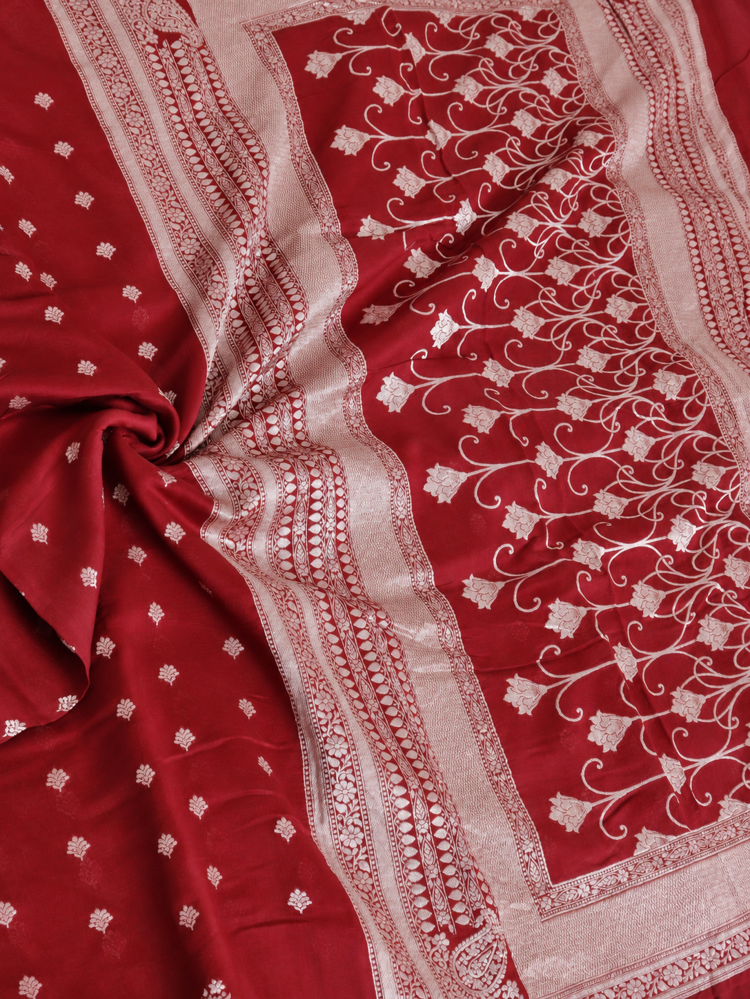 Rani Pink Tussar Linen Saree with Silver Zari Bootis & Floral Vine Pallu
