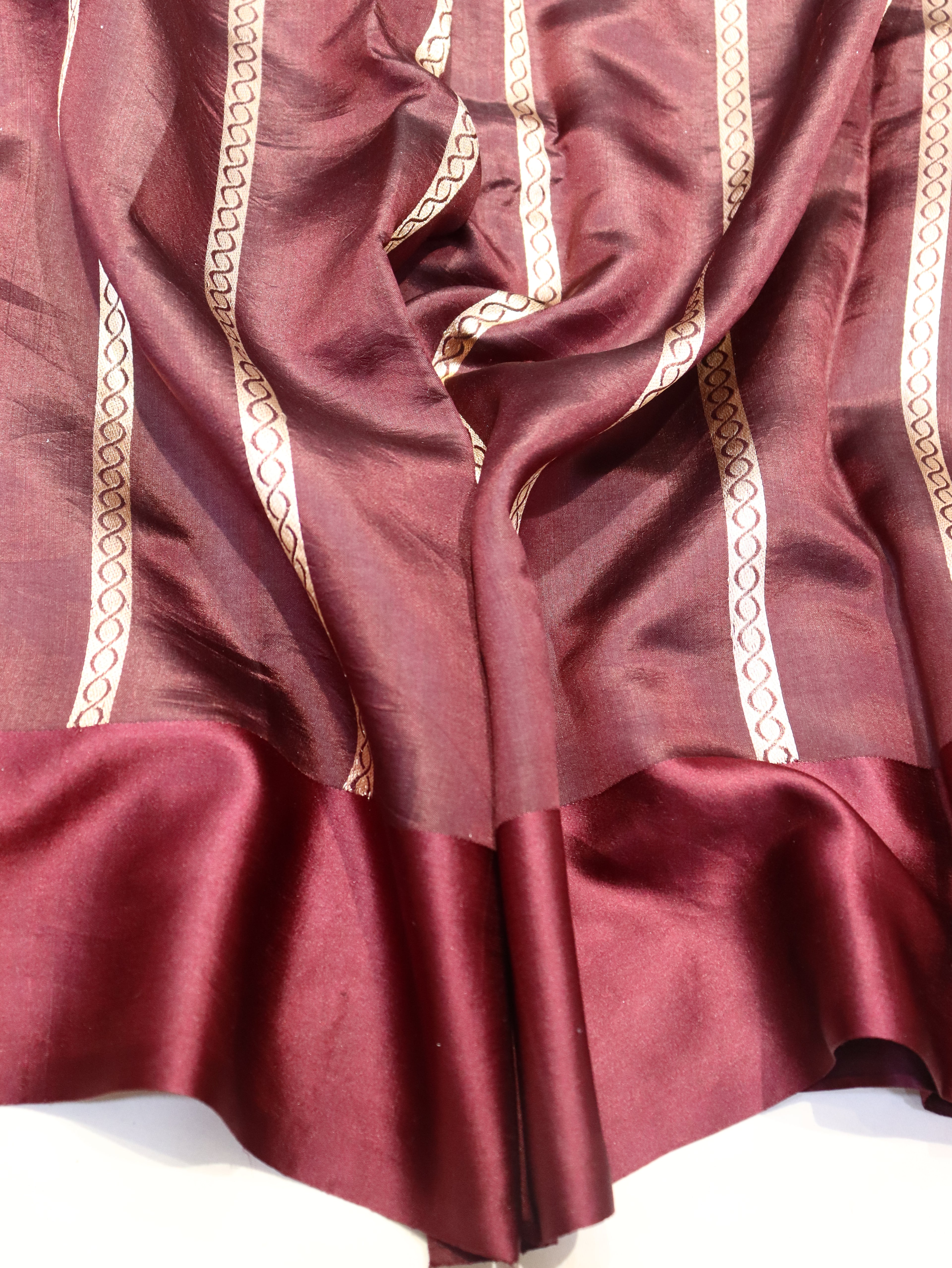 Pre-Order : Wine Pure Soft Katan Silk Handloom Saree with Stripes Blouse