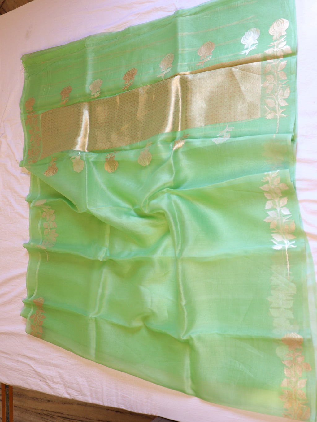 Pre-Order : Gulab Border Handloom Kora Silk Saree - Pantone Green