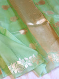Pre-Order : Gulab Border Handloom Kora Silk Saree - Pantone Green