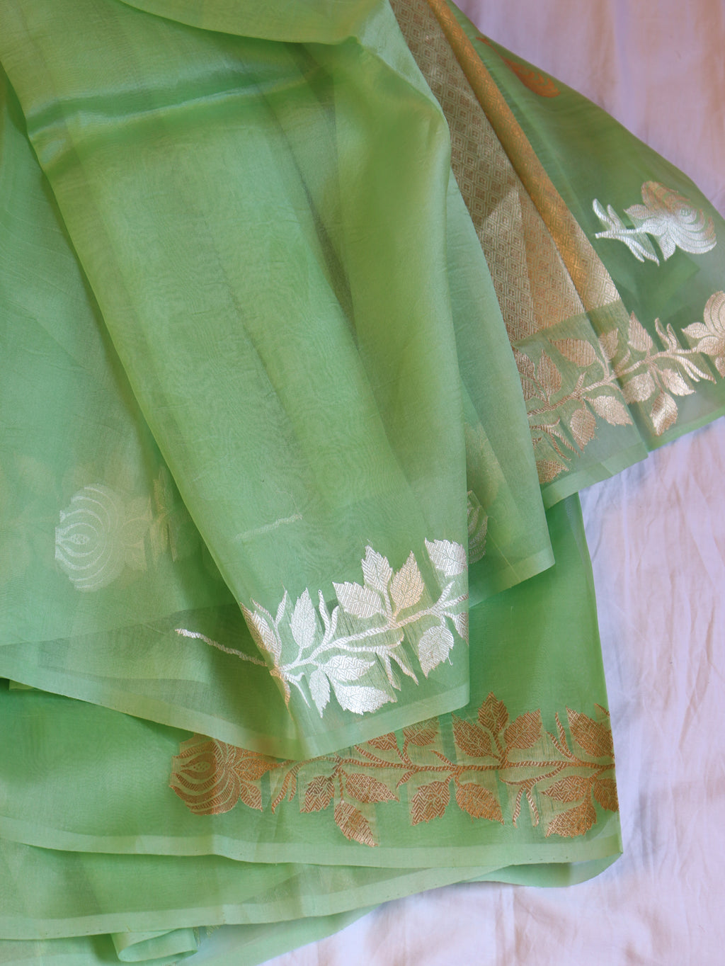 Pre-Order : Gulab Border Handloom Kora Silk Saree - Pantone Green