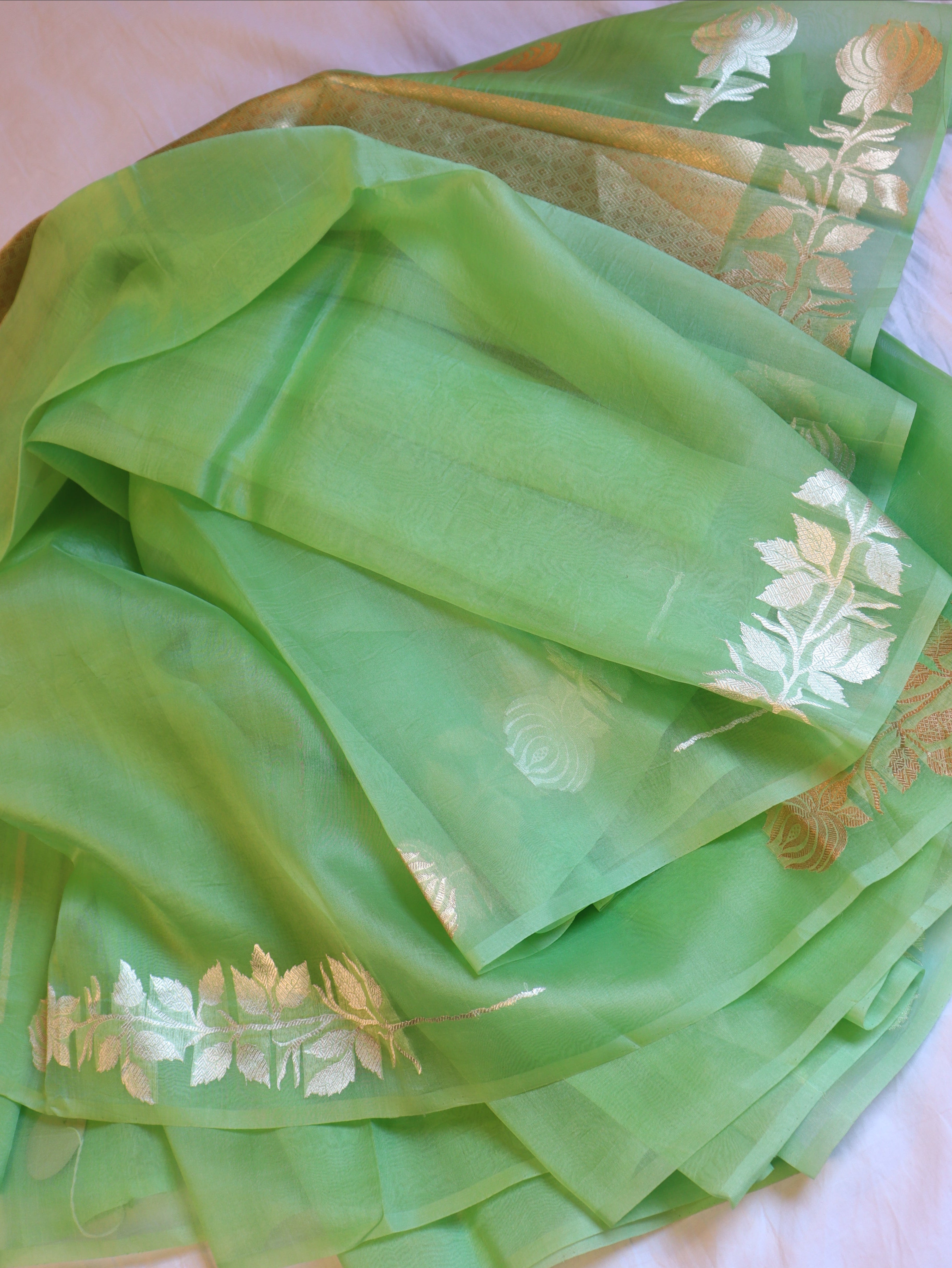 Pre-Order : Gulab Border Handloom Kora Silk Saree - Pantone Green