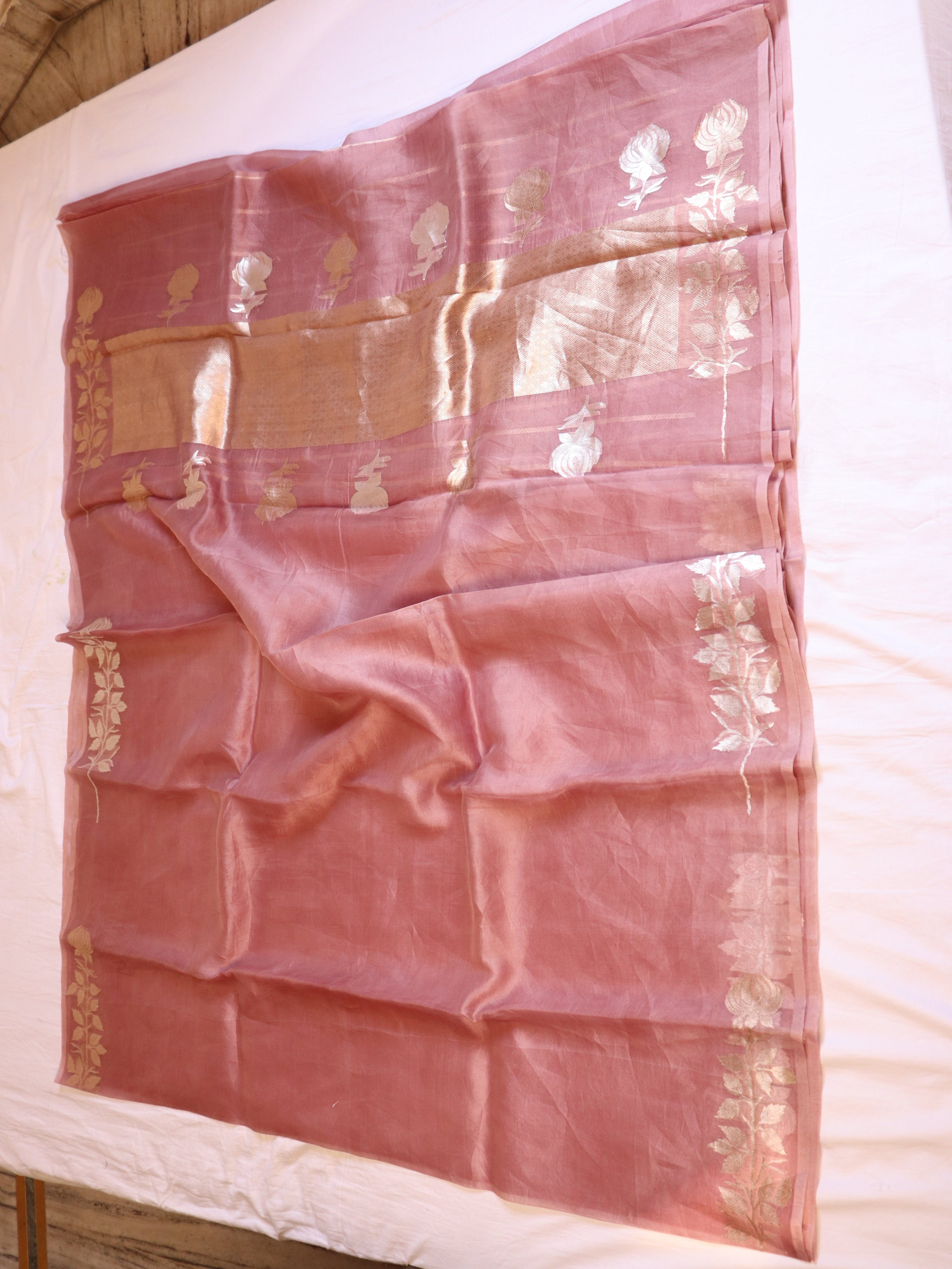 Pre-Order : Gulab Border Handloom Kora Silk Saree - Dusty Blush Pink