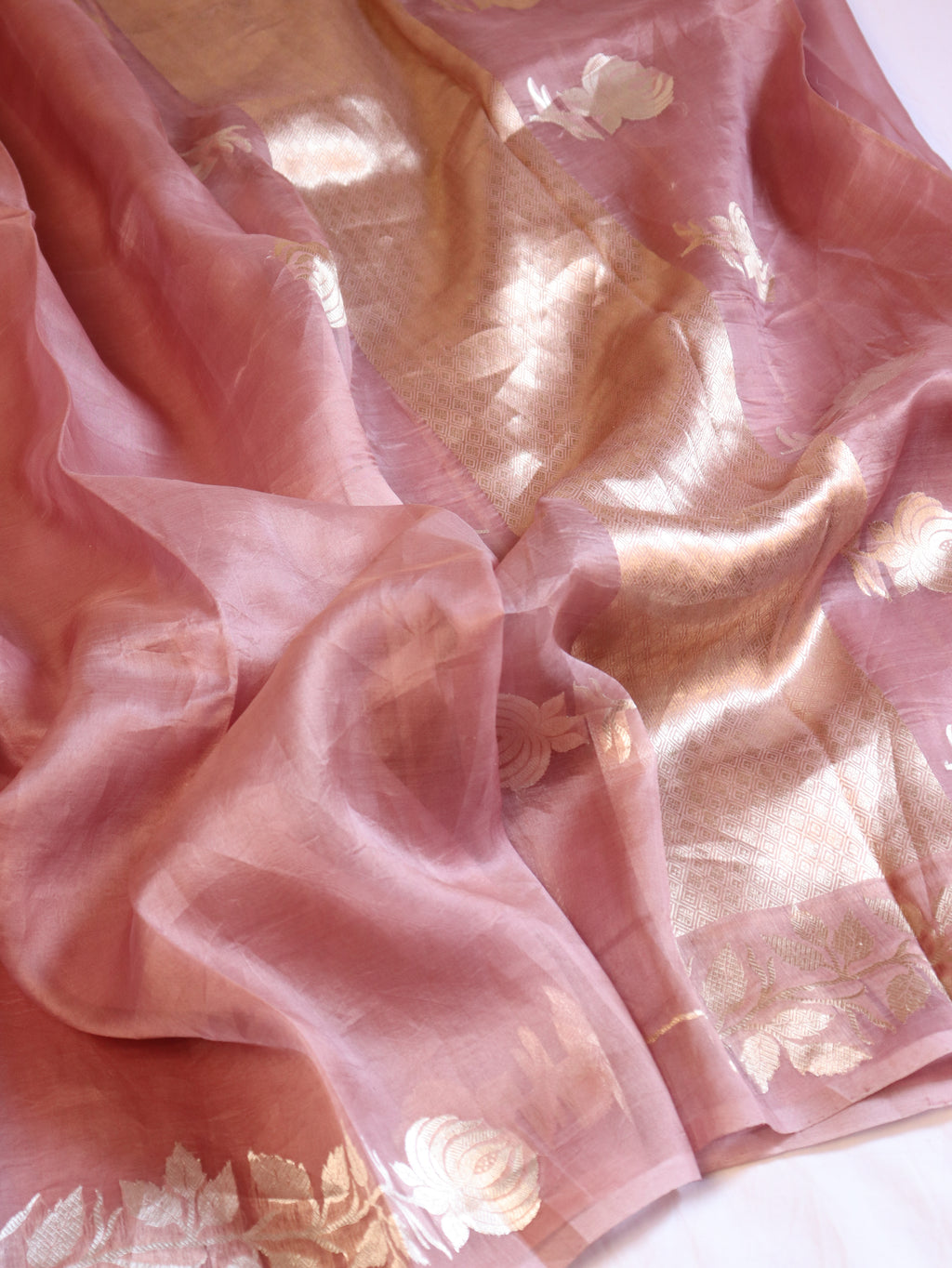 Pre-Order : Gulab Border Handloom Kora Silk Saree - Dusty Blush Pink