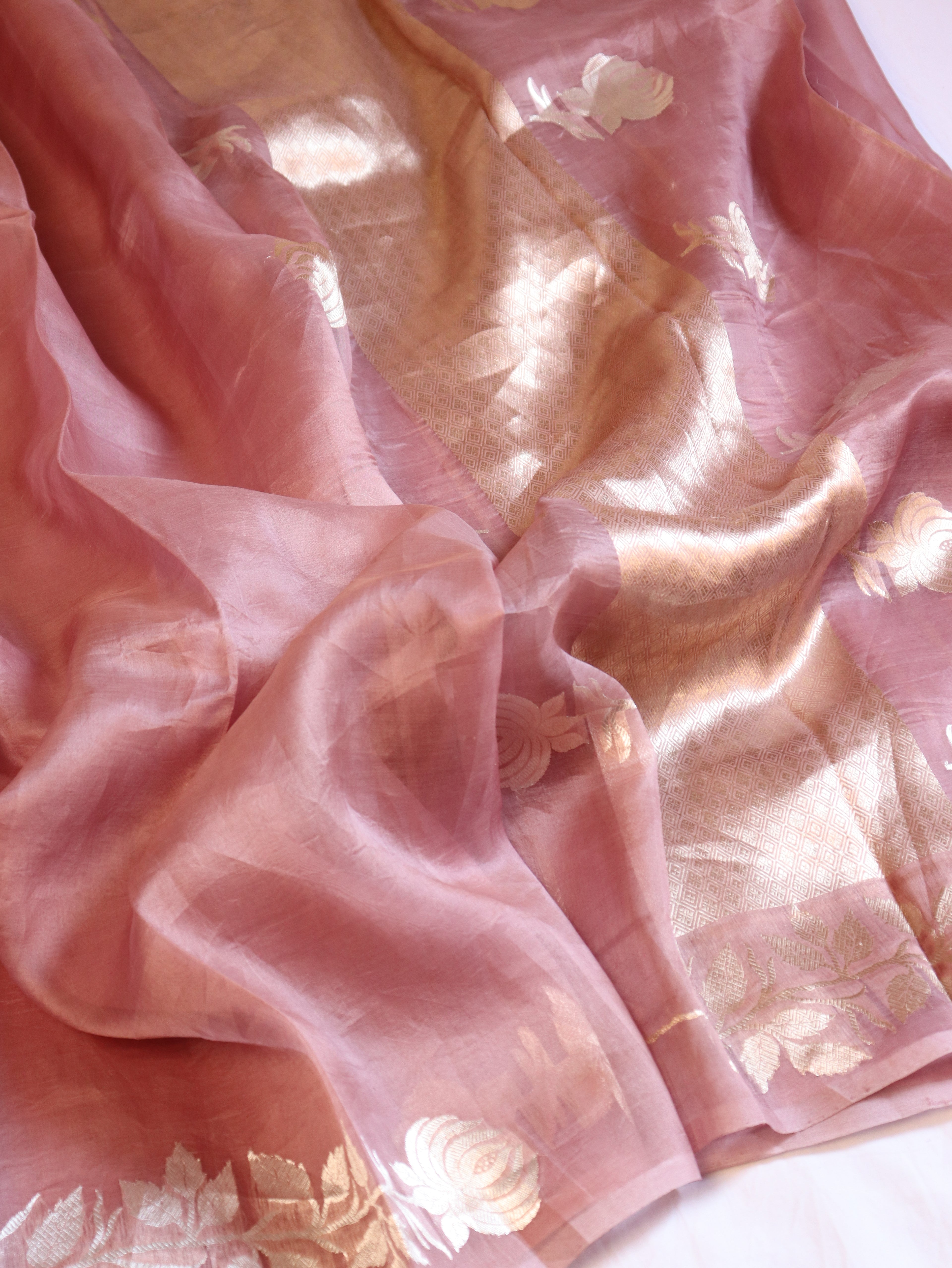 Pre-Order : Gulab Border Handloom Kora Silk Saree - Dusty Blush Pink