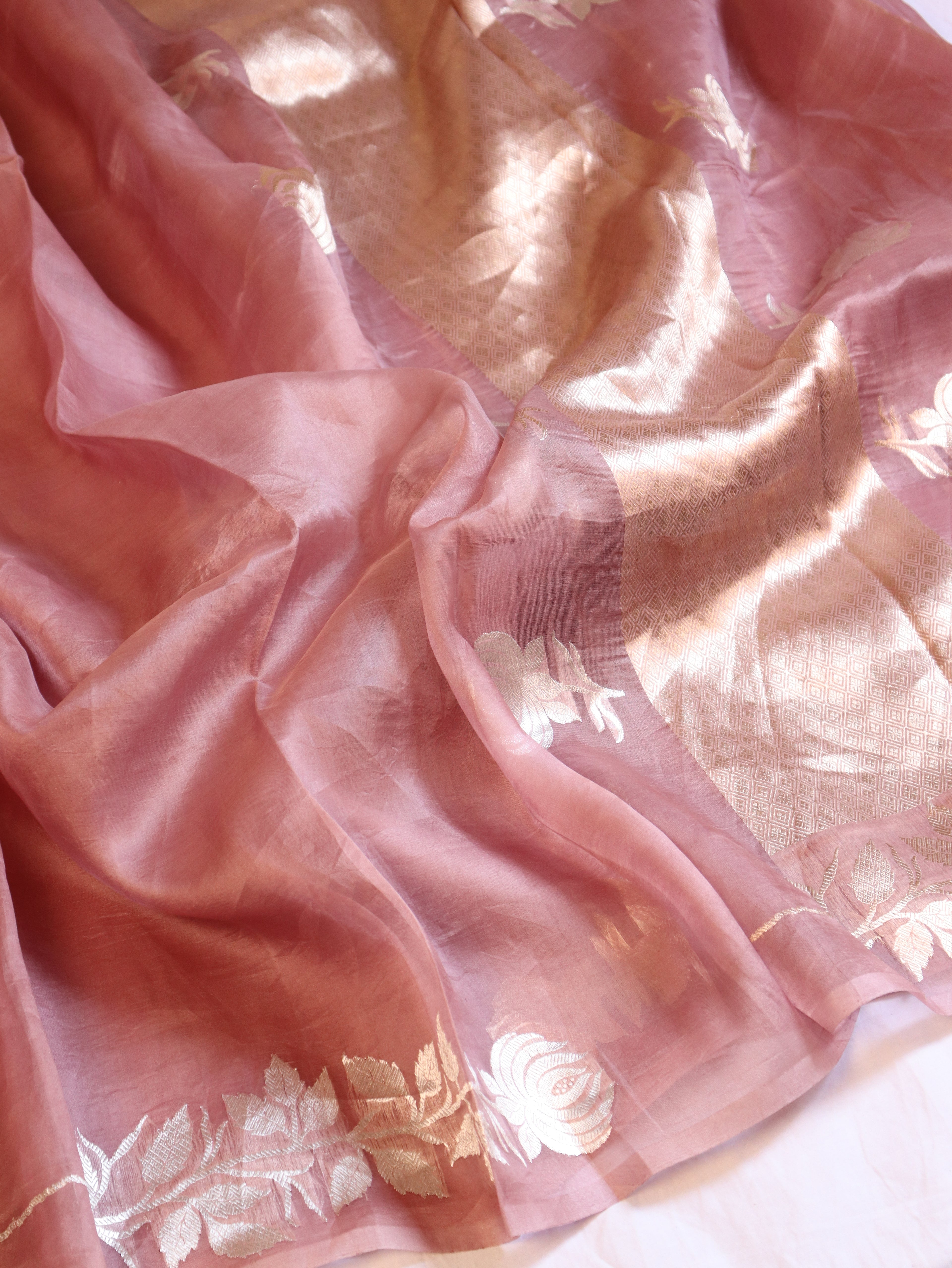 Pre-Order : Gulab Border Handloom Kora Silk Saree - Dusty Blush Pink
