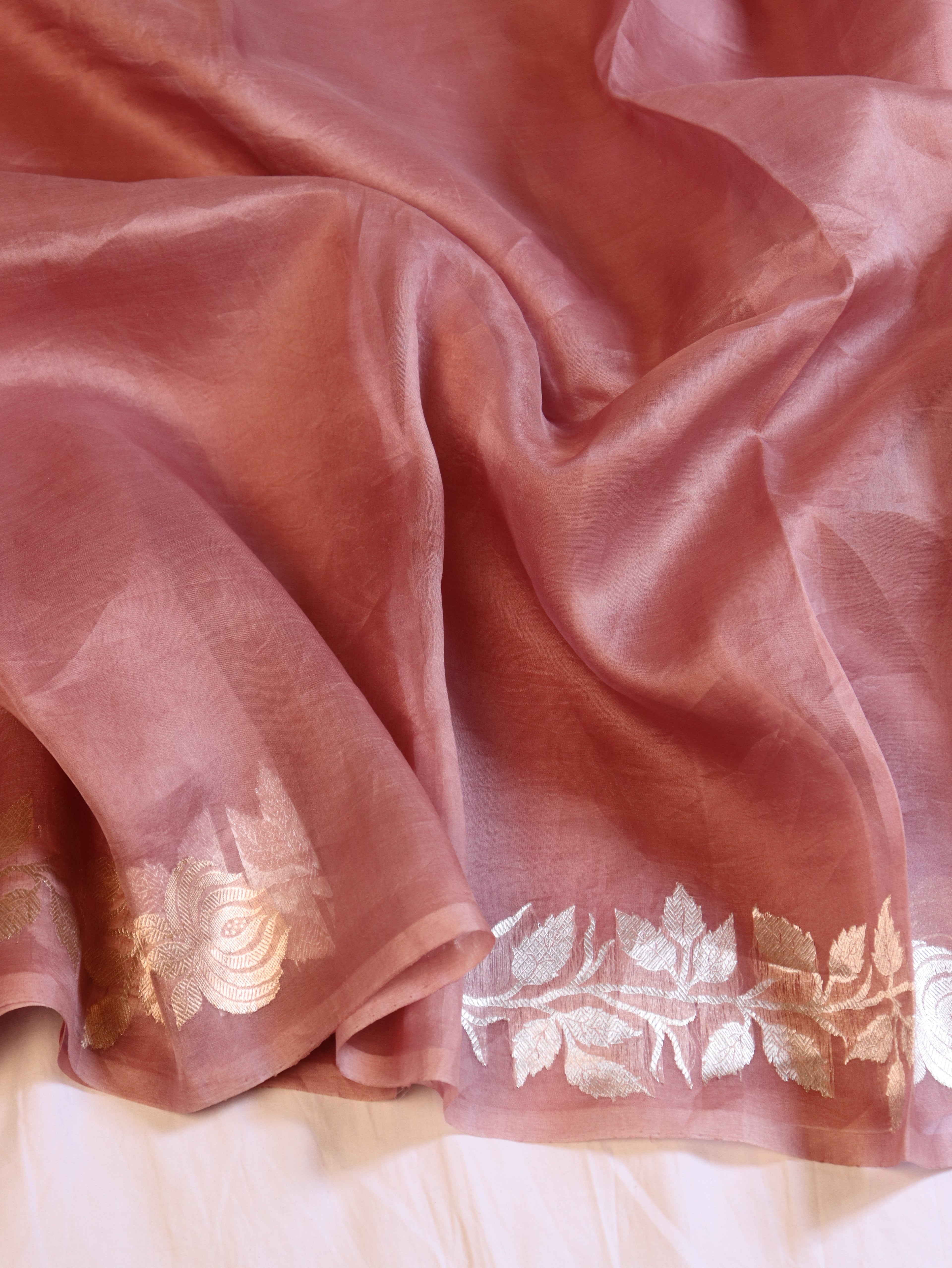 Pre-Order : Gulab Border Handloom Kora Silk Saree - Dusty Blush Pink