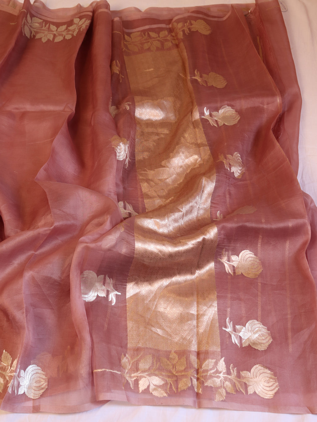 Pre-Order : Gulab Border Handloom Kora Silk Saree - Dusty Blush Pink