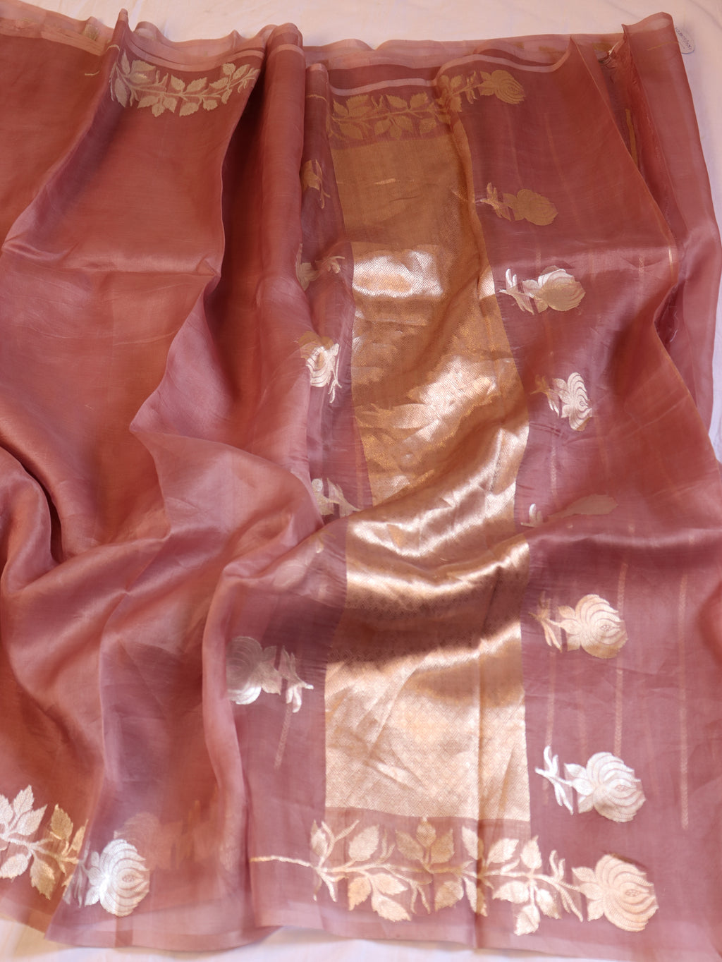 Pre-Order : Gulab Border Handloom Kora Silk Saree - Dusty Blush Pink
