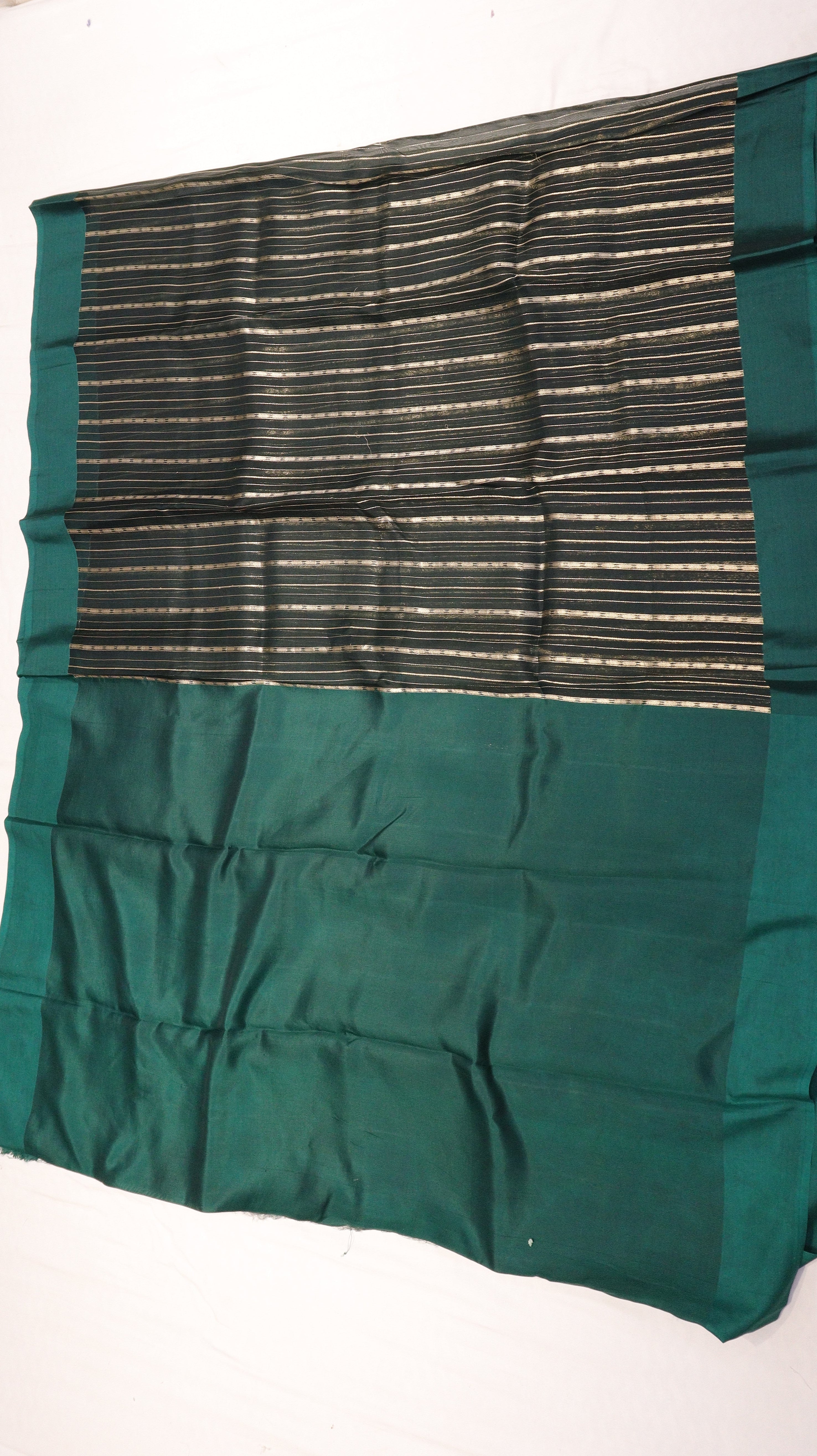 Dark Green Stripes Pure Kora Silk Handloom Saree