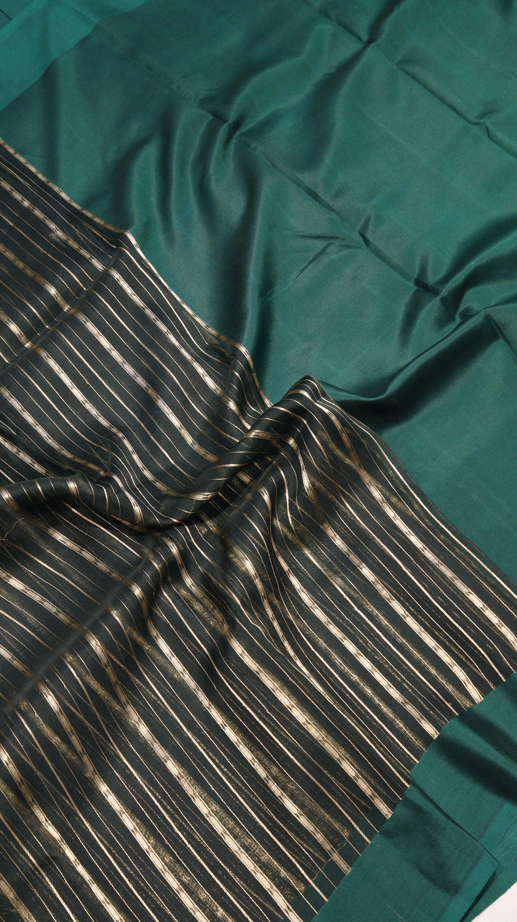Dark Green Stripes Pure Kora Silk Handloom Saree