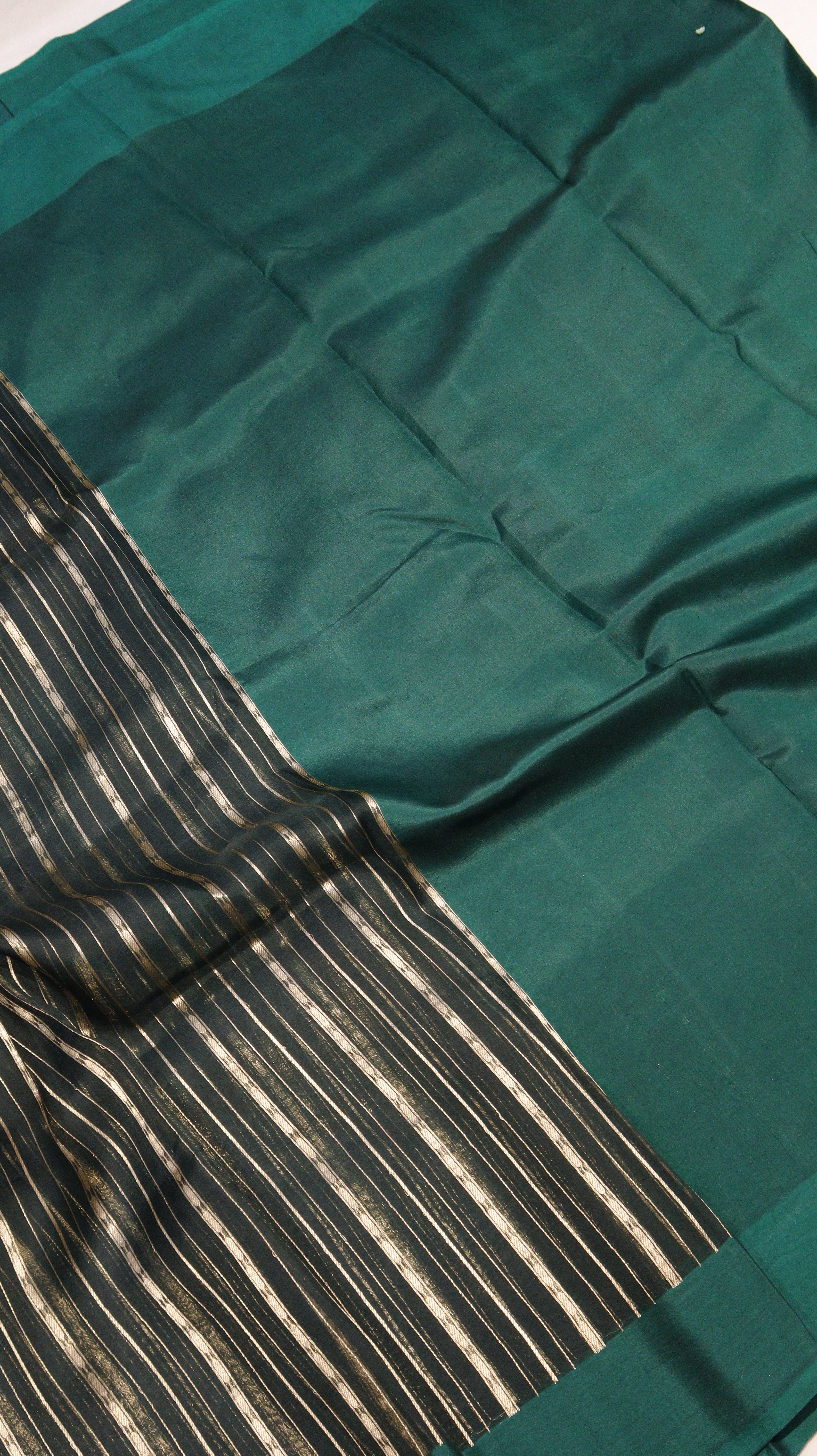 Dark Green Stripes Pure Kora Silk Handloom Saree
