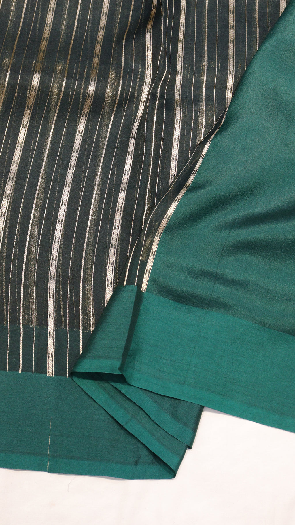 Dark Green Stripes Pure Kora Silk Handloom Saree