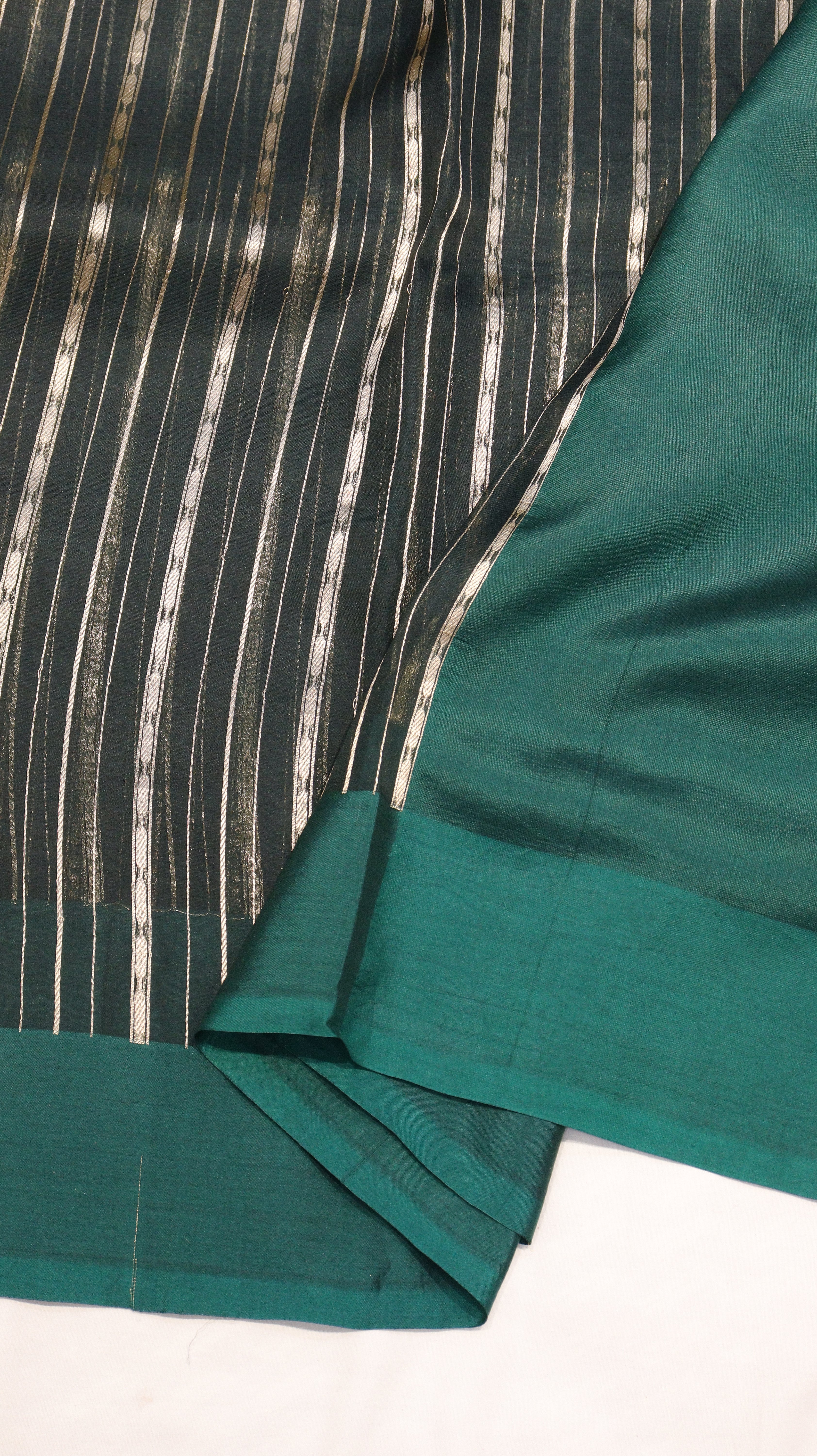 Dark Green Stripes Pure Kora Silk Handloom Saree