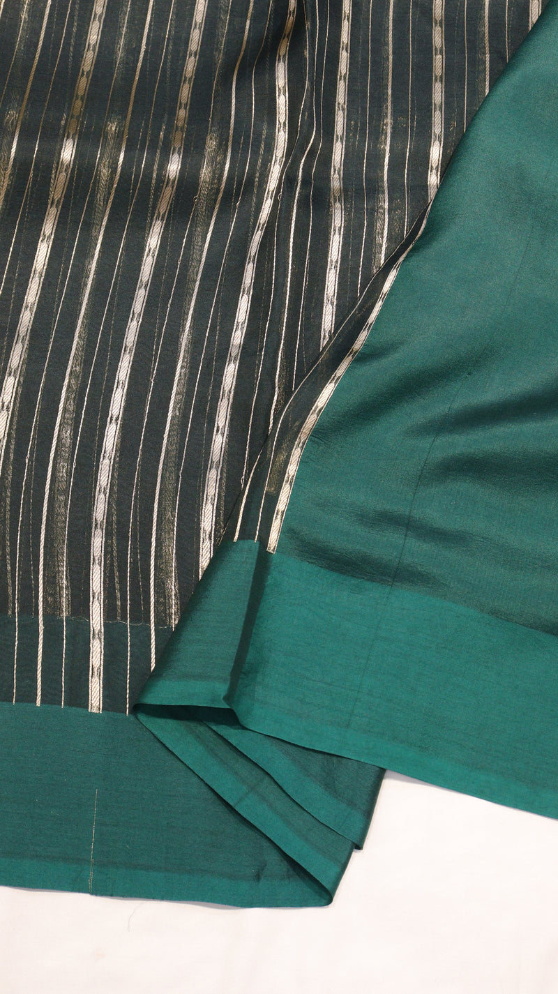 Dark Green Stripe Kora Silk Saree