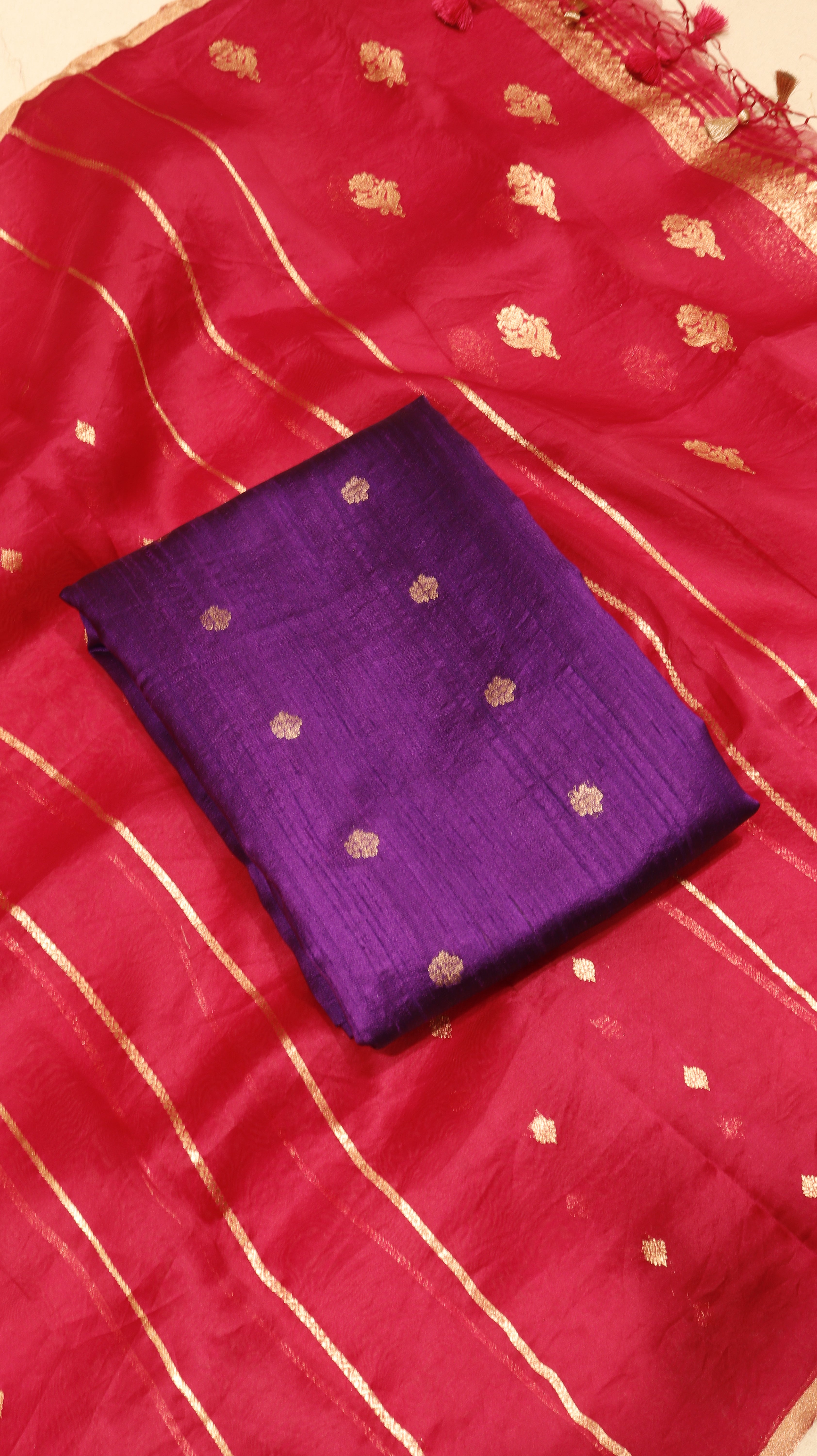 Purple Pure Tussar Silk Handloom Suit Set