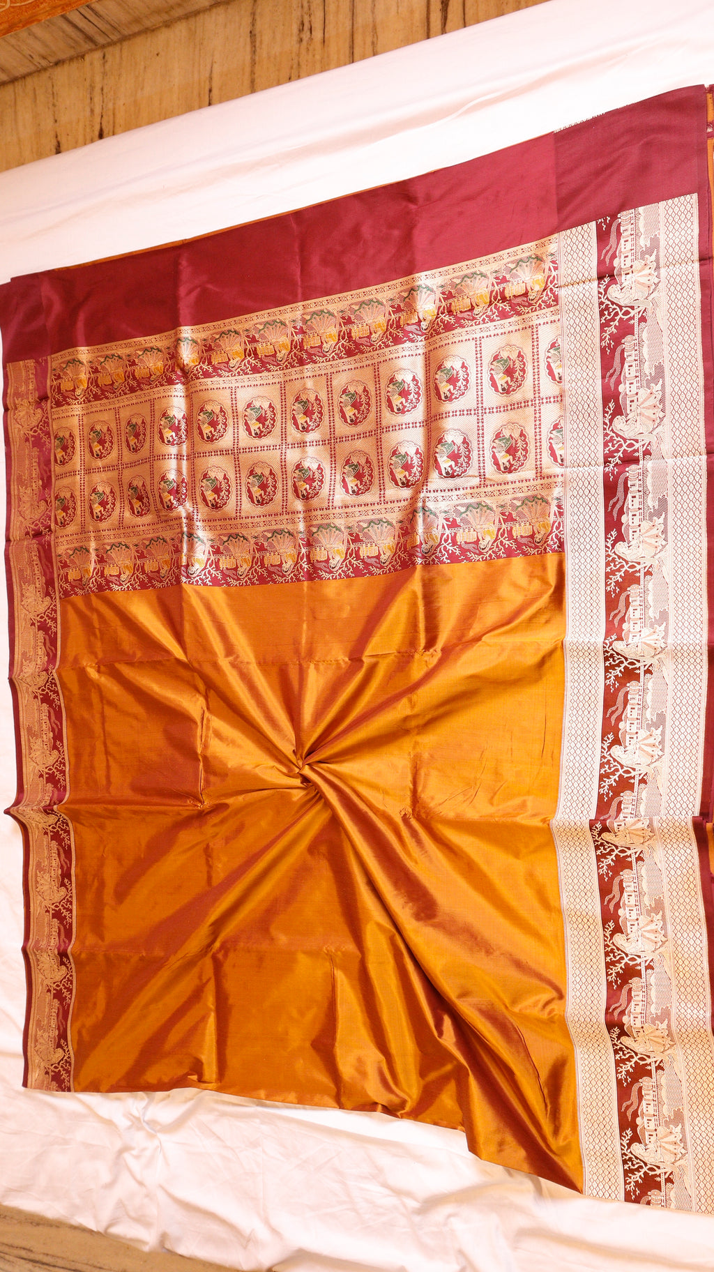 Gold Mustard Pure Katan Silk Handloom Saree with Graceful Sitting Women showing Calm in Border