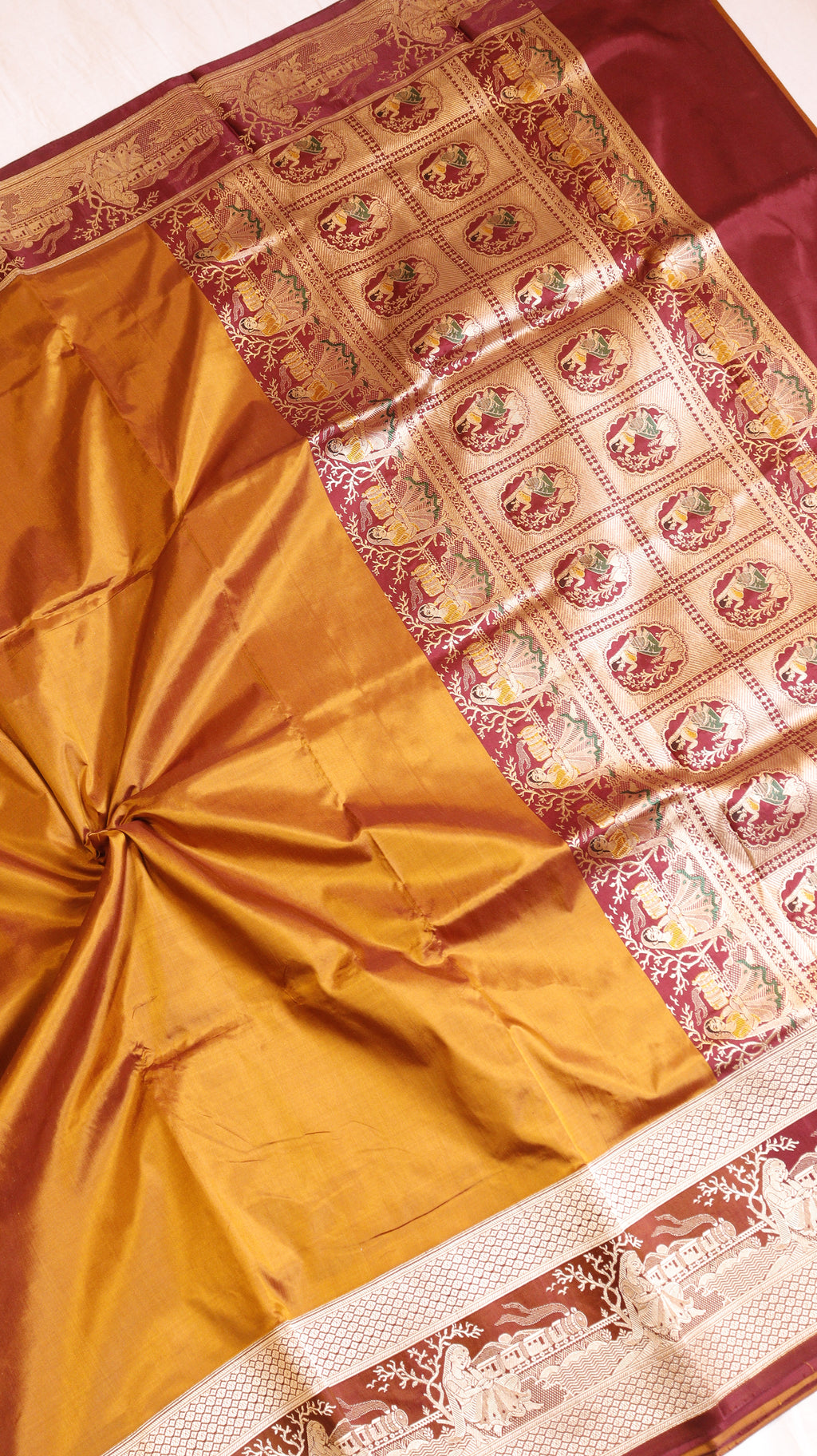 Gold Mustard Pure Katan Silk Handloom Saree with Graceful Sitting Women showing Calm in Border