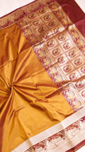 Gold Mustard Pure Katan Silk Handloom Saree with Graceful Sitting Women showing Calm in Border