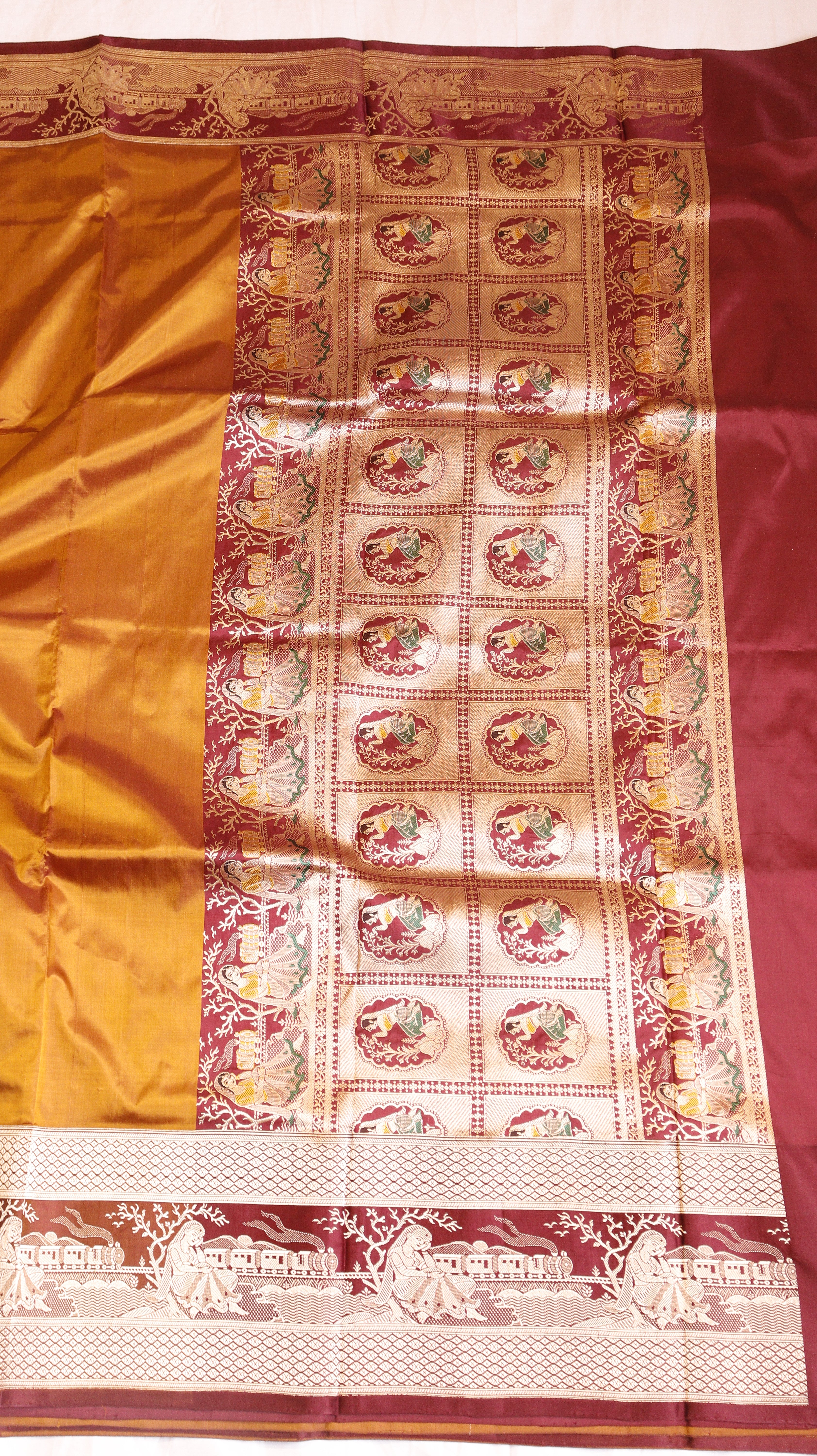Gold Mustard Pure Katan Silk Handloom Saree with Graceful Sitting Women showing Calm in Border
