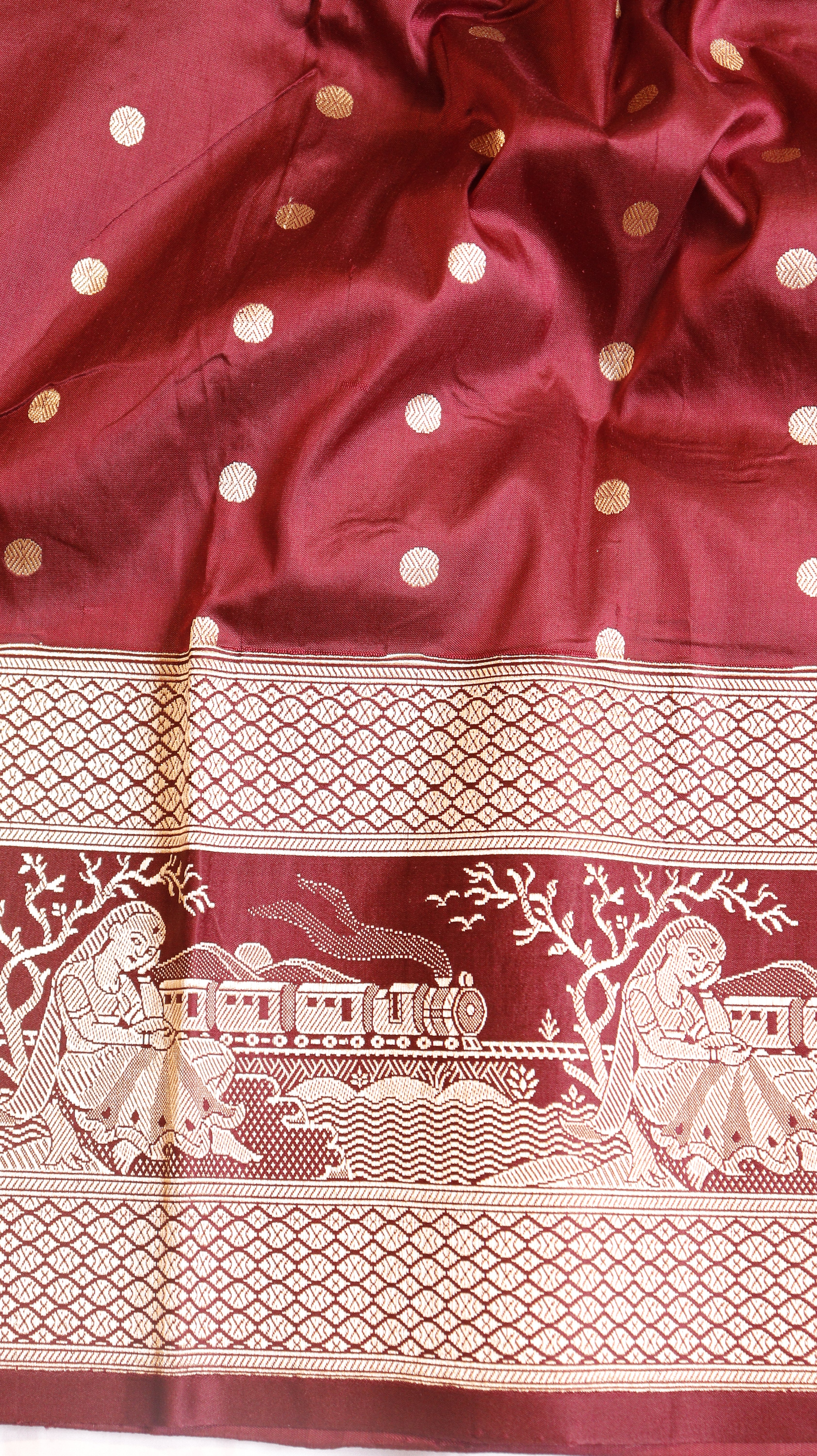 Gold Mustard Pure Katan Silk Handloom Saree with Graceful Sitting Women showing Calm in Border