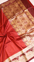 Red Pure Katan Silk Handloom Saree with Graceful Sitting Women showing Calm in Border