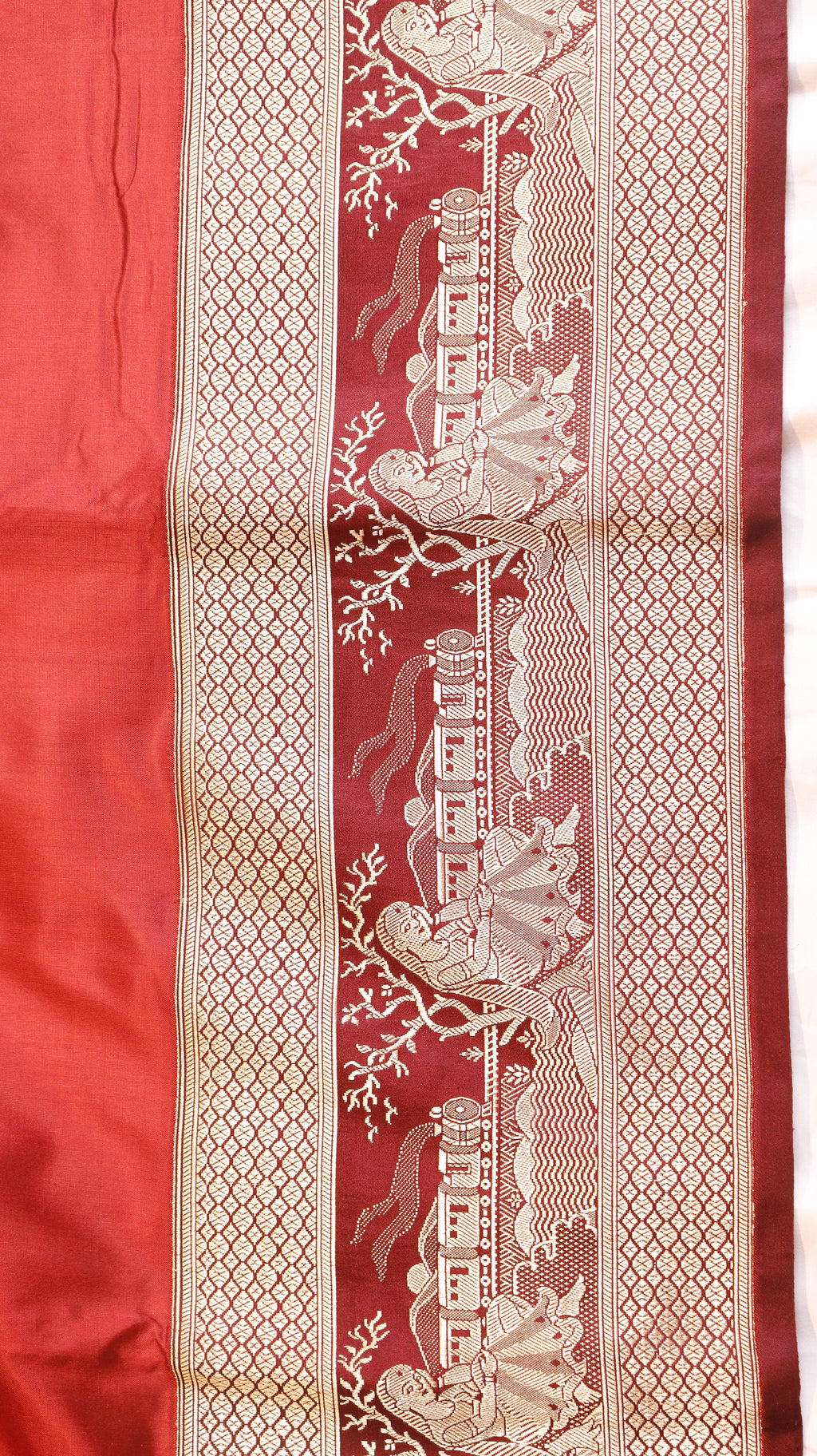Red Pure Katan Silk Handloom Saree with Graceful Sitting Women showing Calm in Border