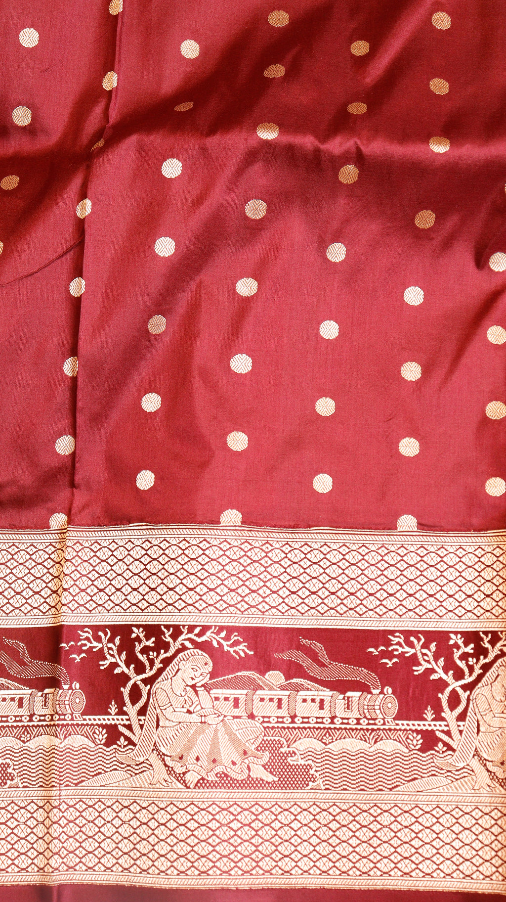 Red Pure Katan Silk Handloom Saree with Graceful Sitting Women showing Calm in Border