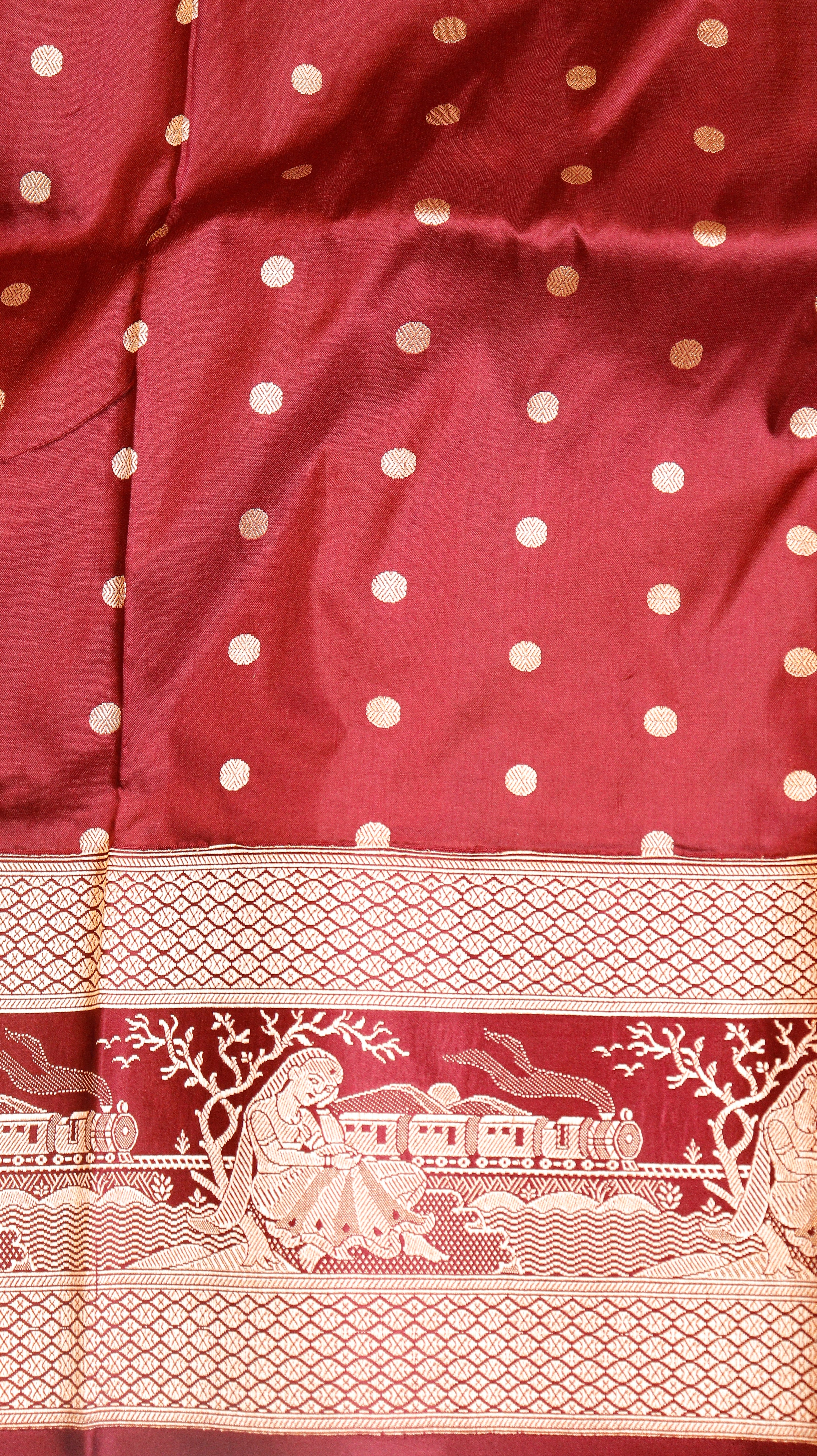 Red Pure Katan Silk Handloom Saree with Graceful Sitting Women showing Calm in Border