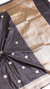 Chand Phool Black Pure Katan Silk Handloom Saree