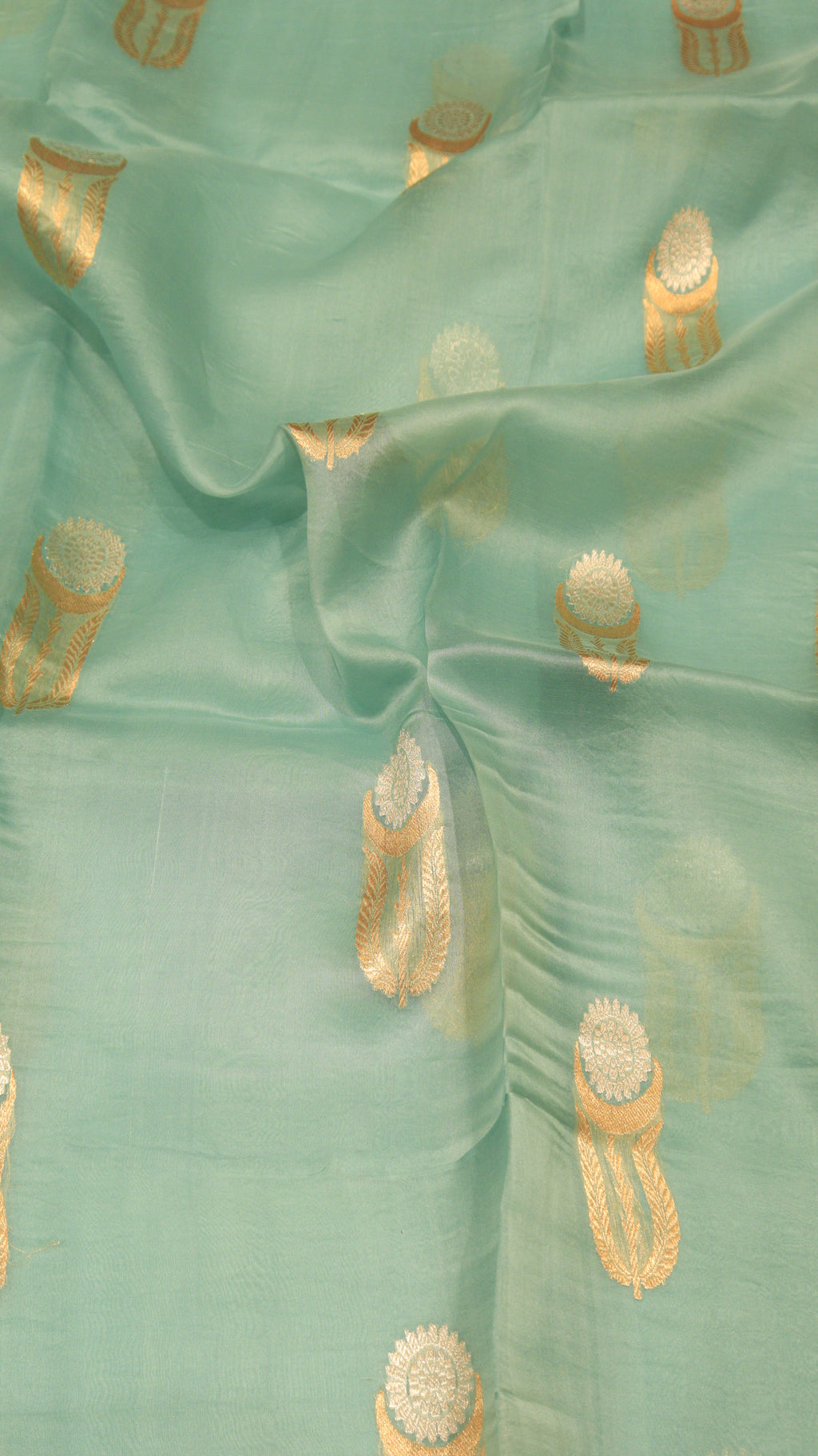 Pre-Order :  Green Pure Kora Silk Handloom Saree with Stripe Blouse