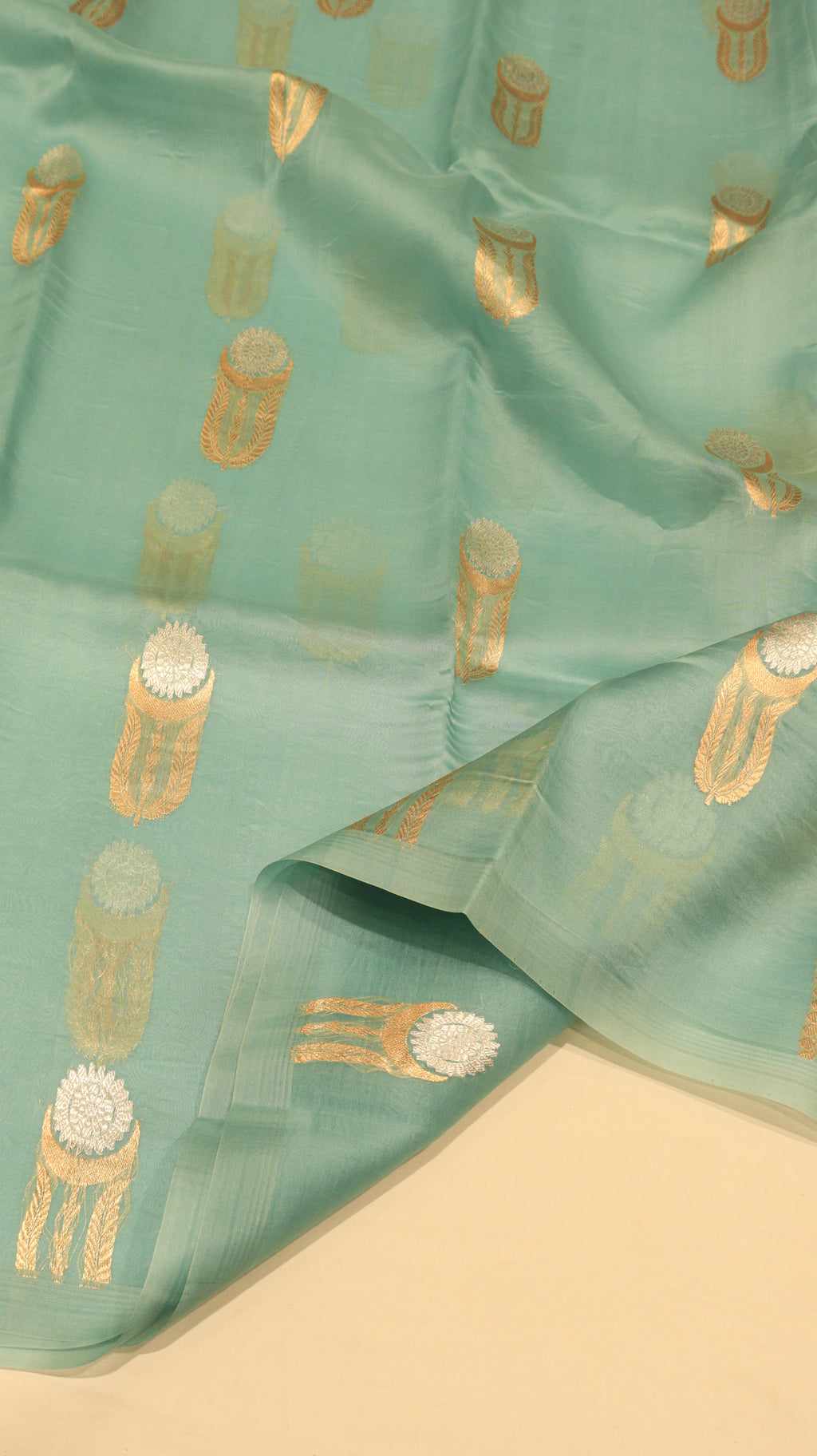 Pre-Order :  Green Pure Kora Silk Handloom Saree with Stripe Blouse
