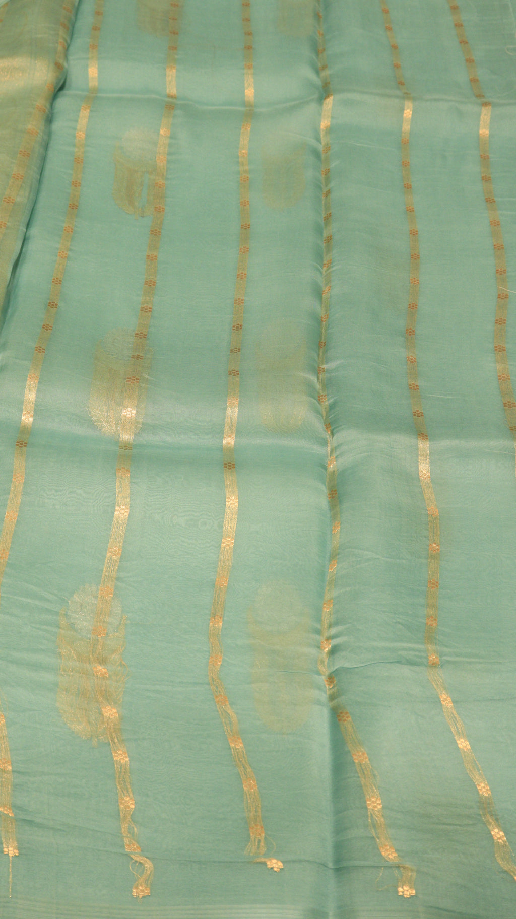 Pre-Order :  Green Pure Kora Silk Handloom Saree with Stripe Blouse