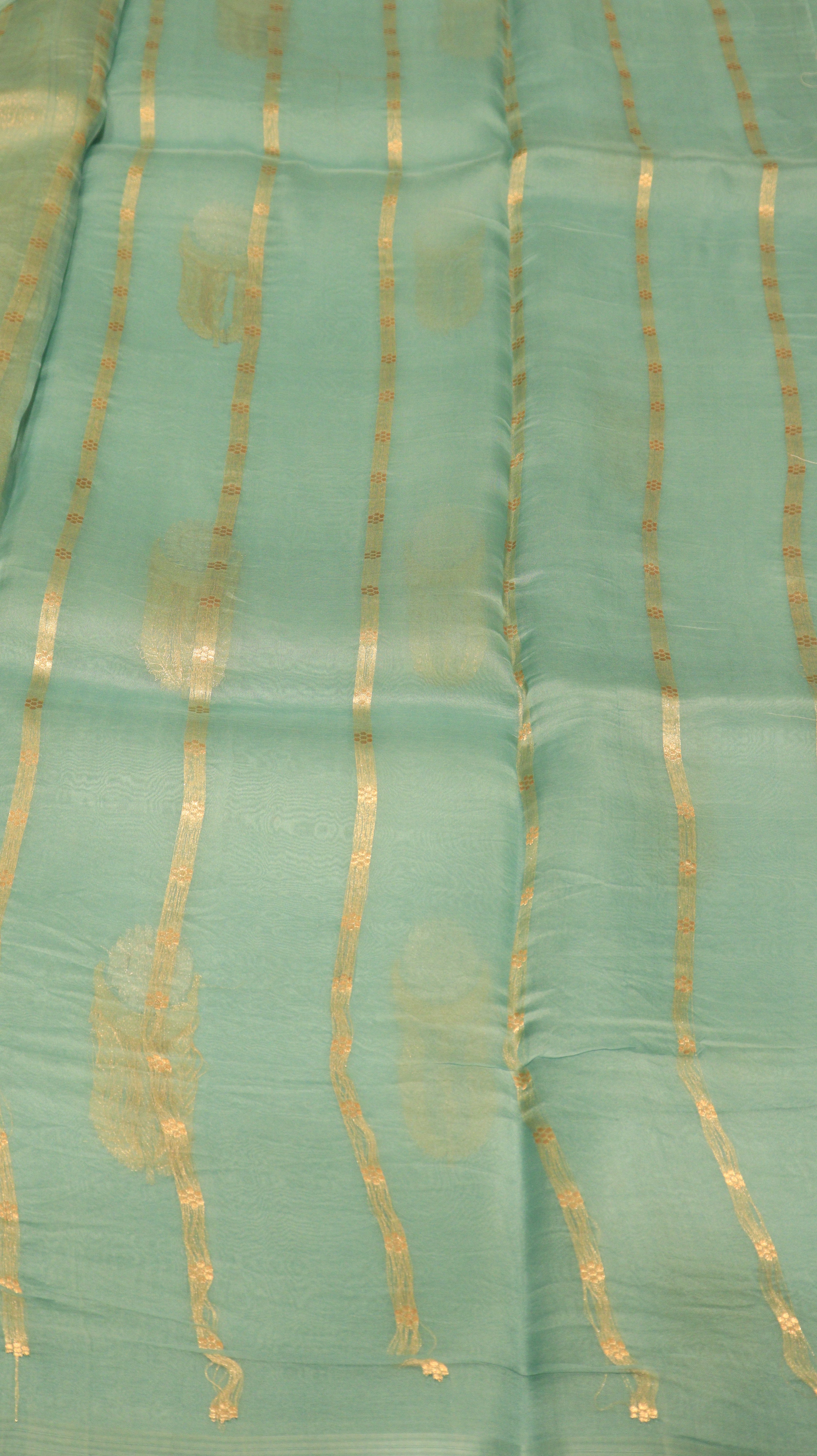 Pre-Order :  Green Pure Kora Silk Handloom Saree with Stripe Blouse