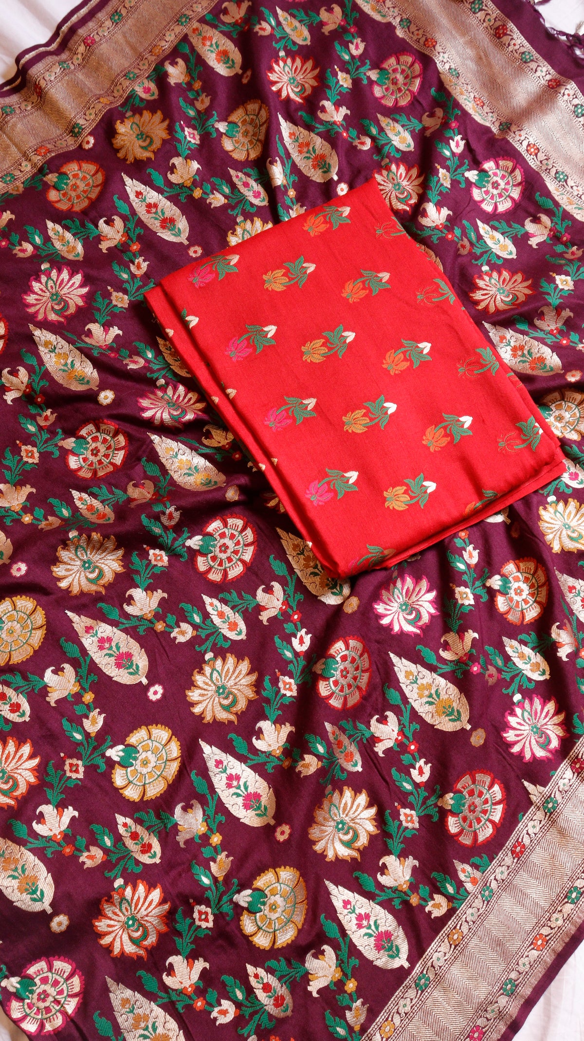 Red Pure Moonga Silk Handloom Suit Set