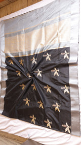 Black Pure Katan Silk Handloom Saree with Contrast Blouse