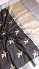 Black Pure Katan Silk Handloom Saree with Contrast Blouse