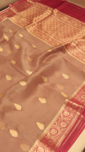 Pre-Order : Brownish Pink Pure Kora Silk Handloom Saree with Contrast Blouse