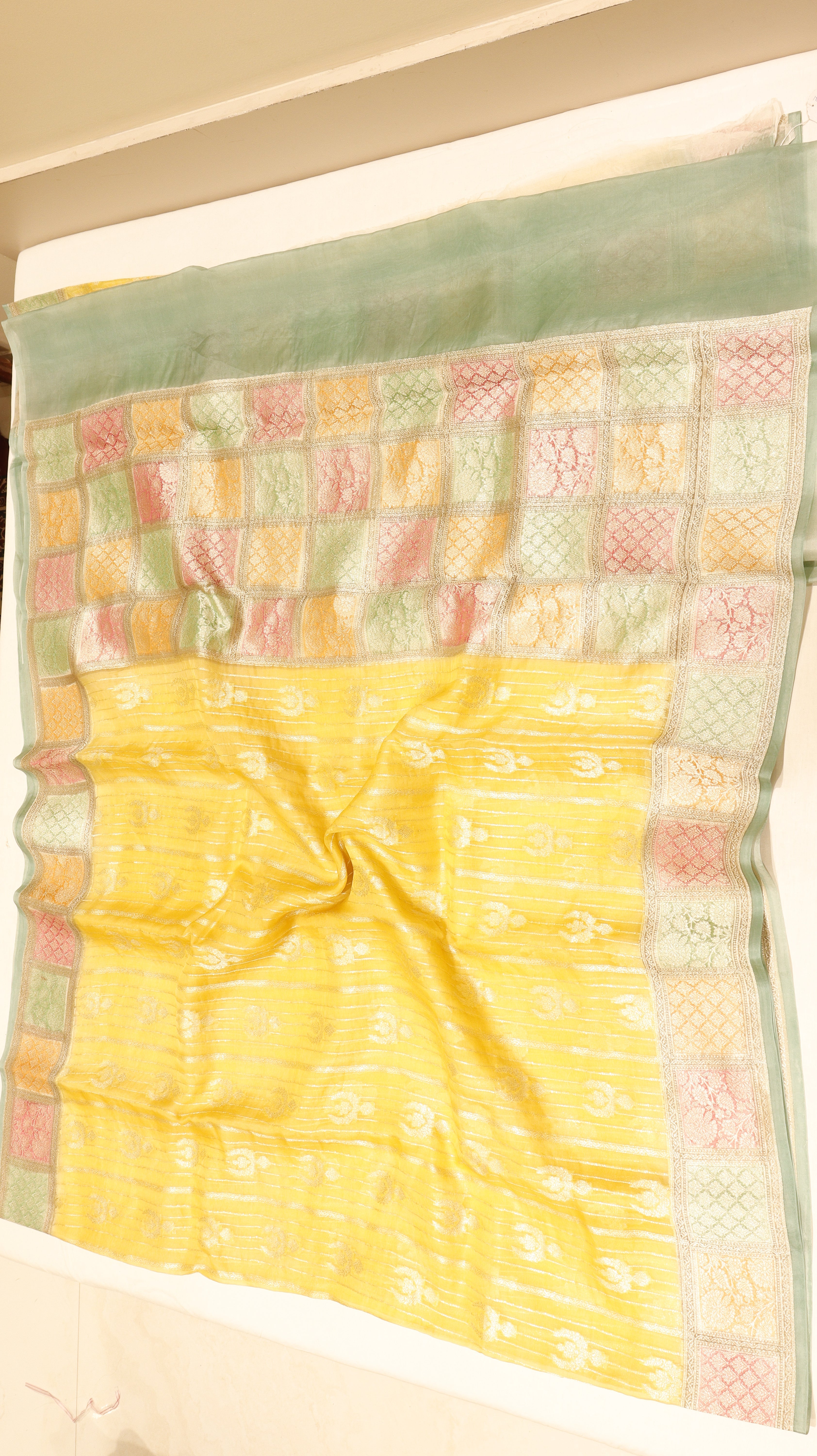 Pre-Order : Yellow Pure Kora Silk Handloom Saree with Contrast Border