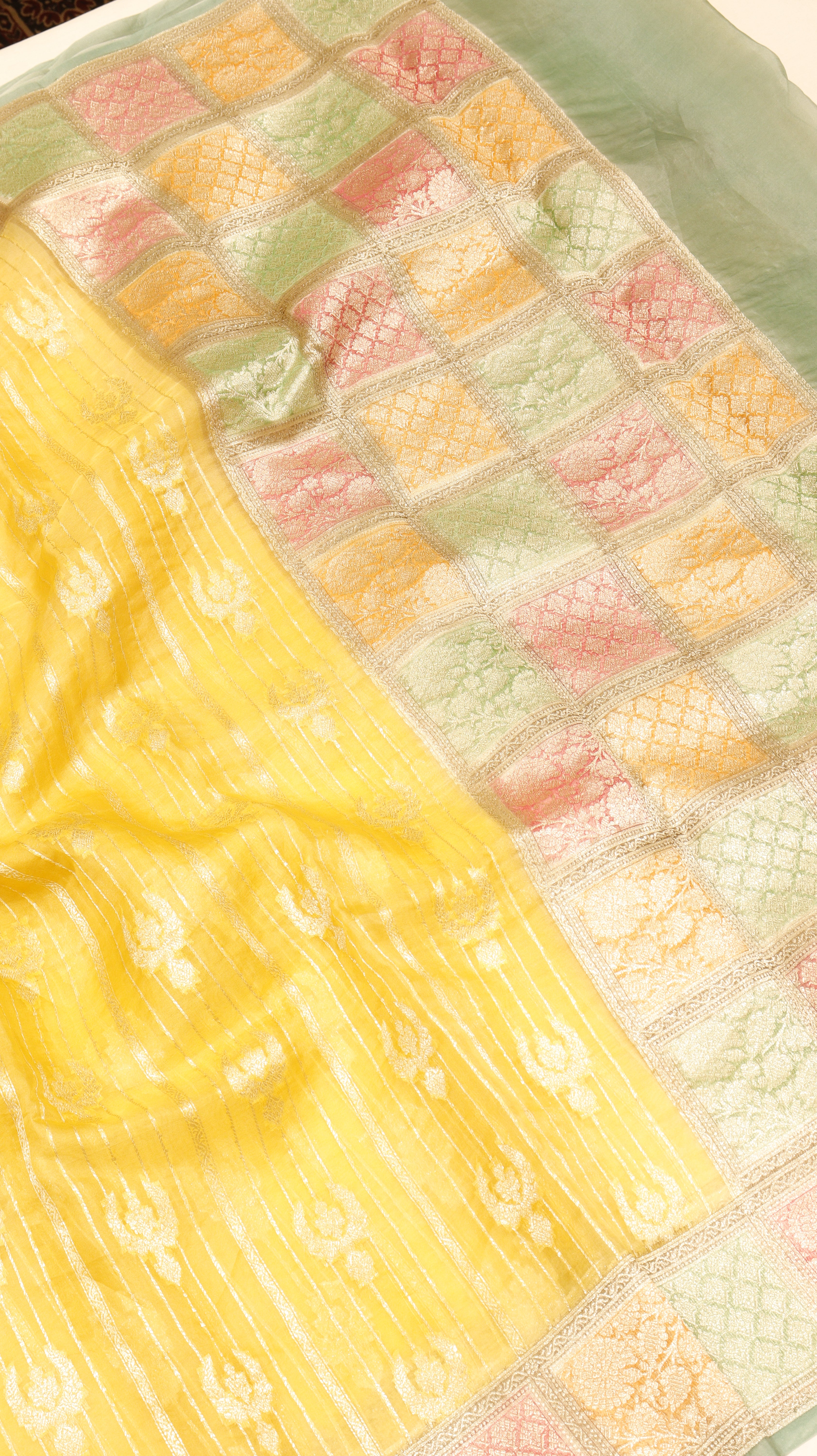 Pre-Order : Yellow Pure Kora Silk Handloom Saree with Contrast Border