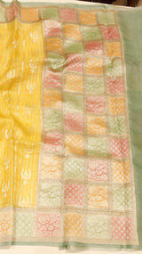 Yellow Pure Kora Silk Handloom Saree with Contrast Border