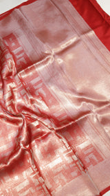 Red Pure Kora Silk Handloom Saree with Abstract Pattern
