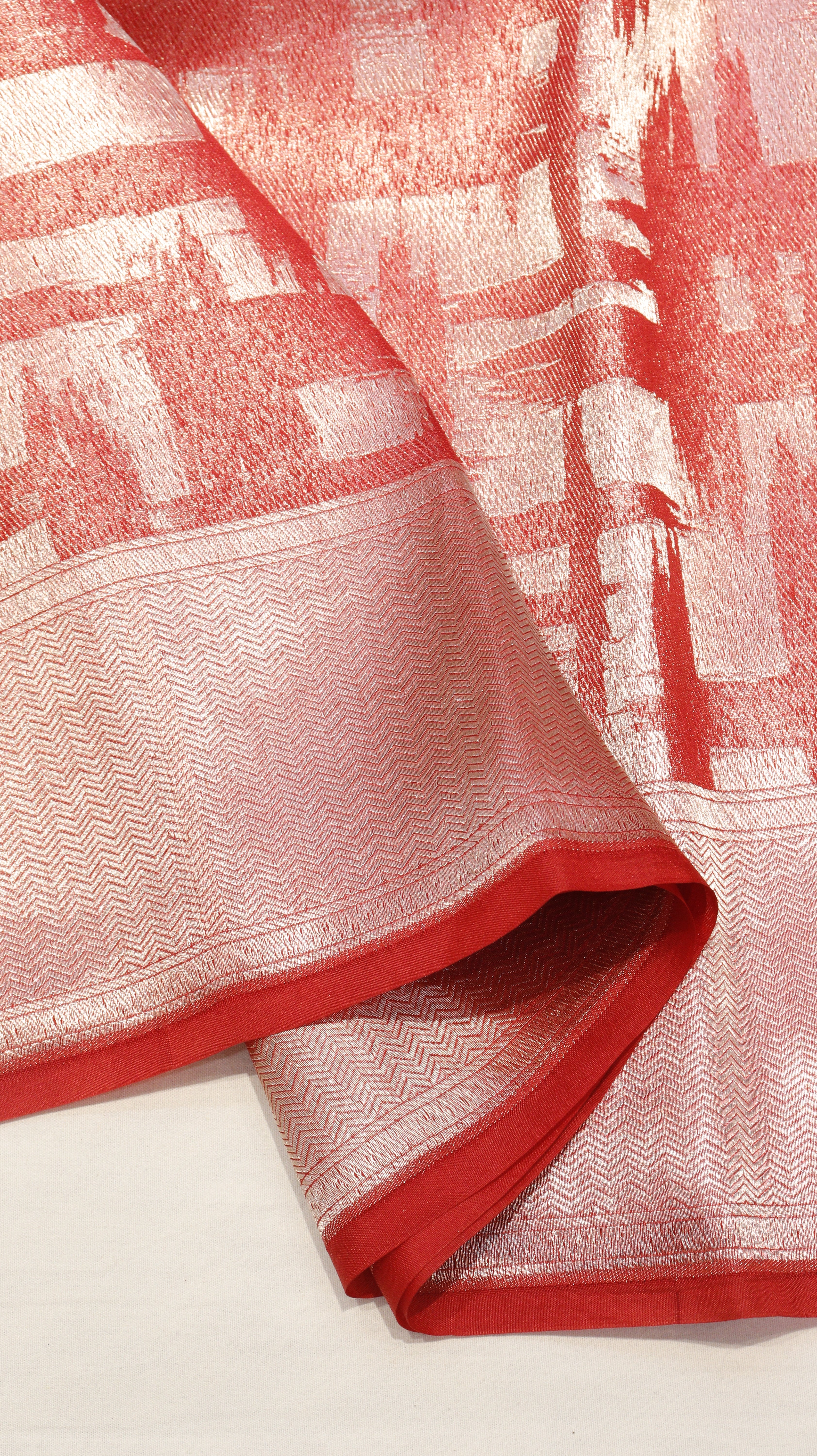 Red Pure Tissue Handloom Saree with Abstract Pattern